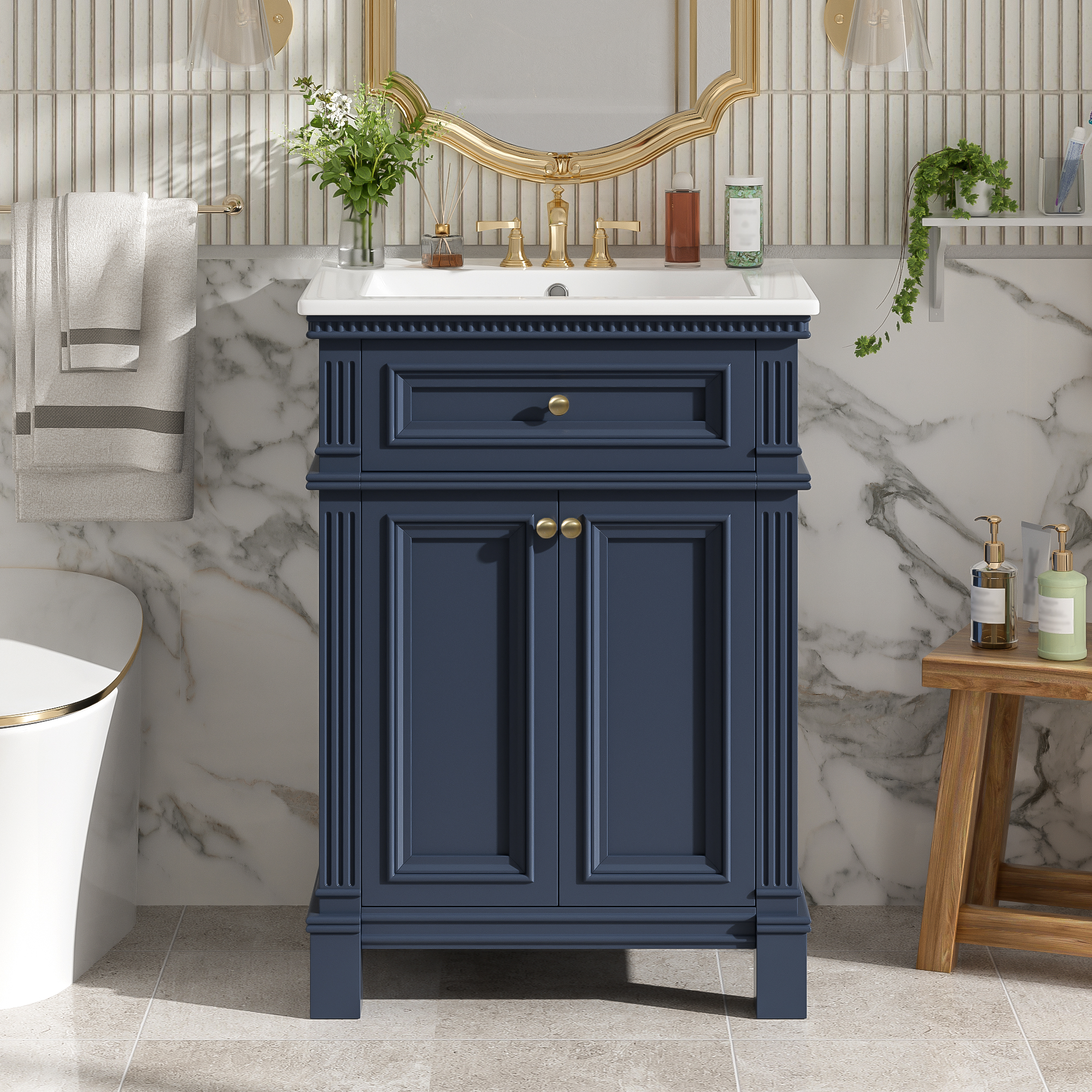 24 Vintage Elegance Bathroom Cabinet With Soft Closing Doors And Adjustable Shelf, Bathroom Vanity With Ceramic Sink