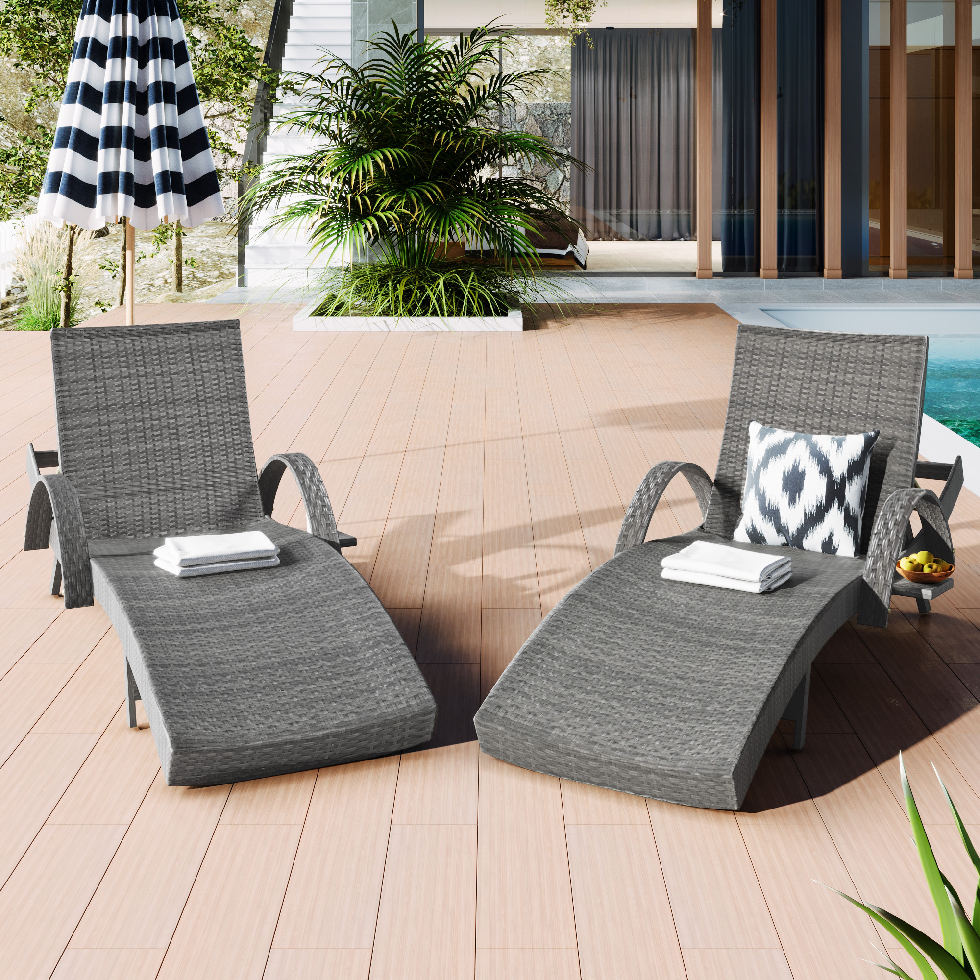 K&K 80   Outdoor Wicker Chaise Lounge Chairs Set Of 2, Patio Rattan Reclining Chair Pull-out Side Table W   5-Level Adjustable Backrest Ergonomic Wave Design Pool Sunbathing Recliners, Grey