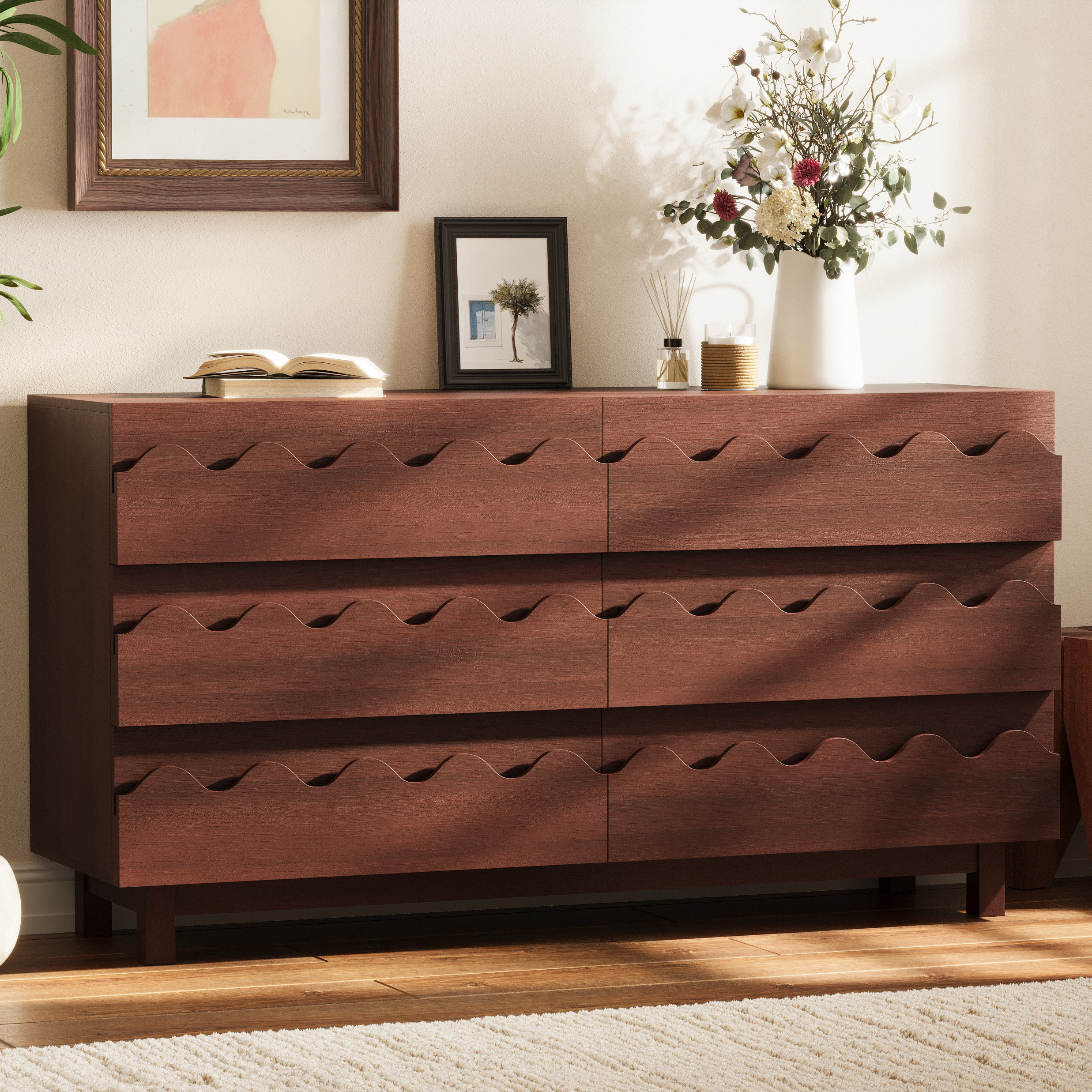 60 Length 6 Drawer Dresser With Wave Front Design, Modern TV Stand & Chest Of Drawers, Anti-Tip Clothes Storage Organizer For Bedroom, Living Room And Nursery, Walnut
