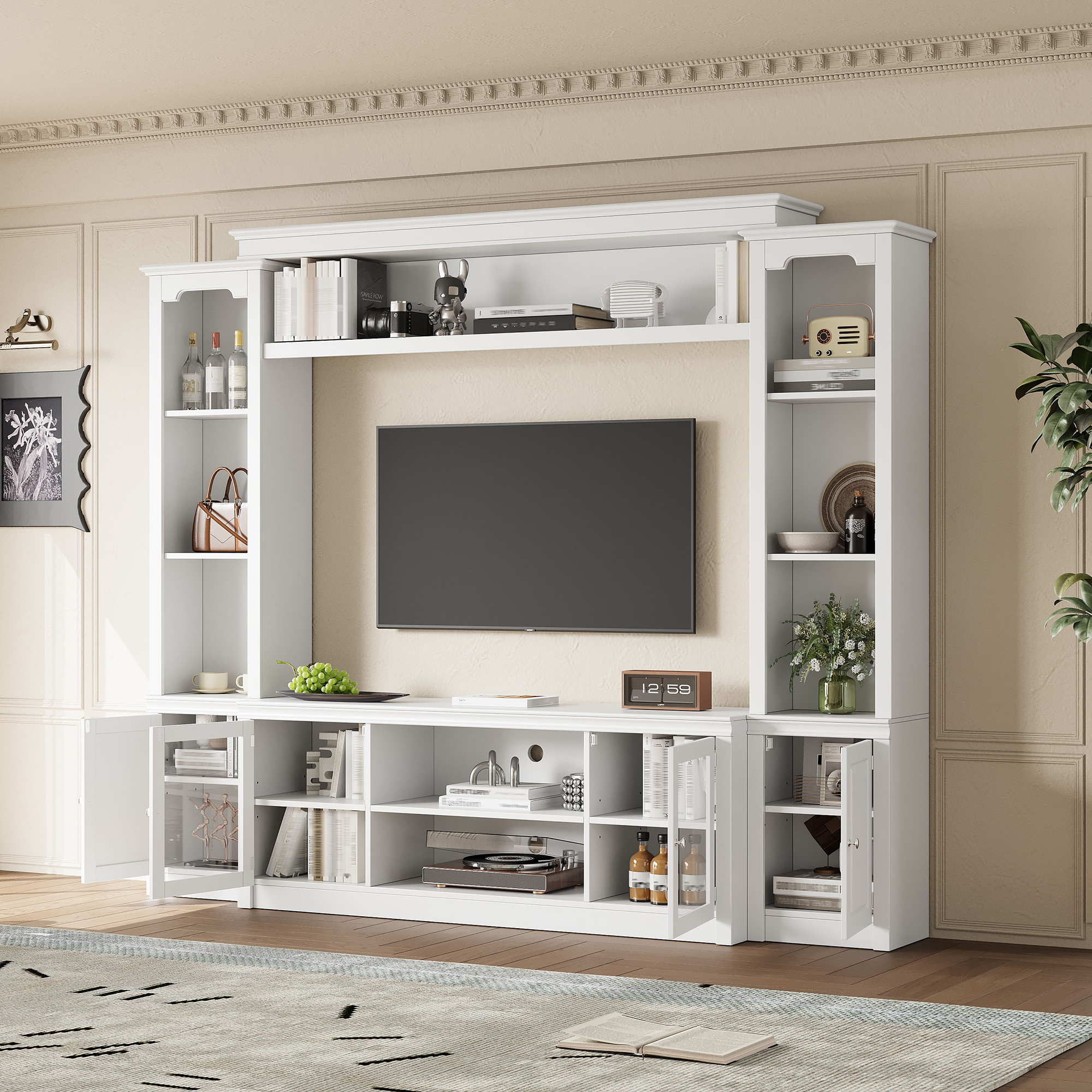 All-in-One Modern TV Stand With Bookcase For TVs Up To 65-inch, Entertainment Center With 4 Adjustable Shelves,Tempered Glass Doors, Display Storage Cabinet, Ample Storage Space TV Stand