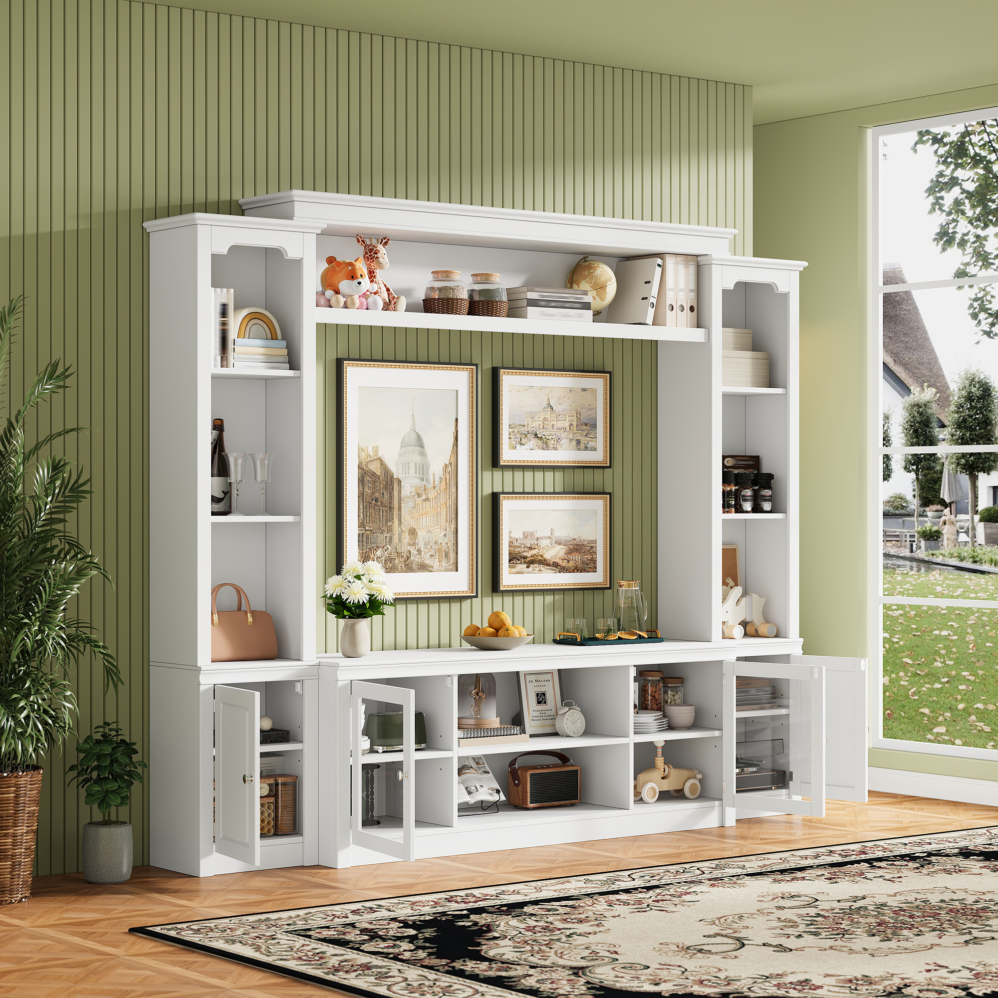 All-in-One Modern TV Stand With Bookcase For TVs Up To 65-inch, Entertainment Center With 4 Adjustable Shelves,Tempered Glass Doors, Display Storage Cabinet, Ample Storage Space TV Stand