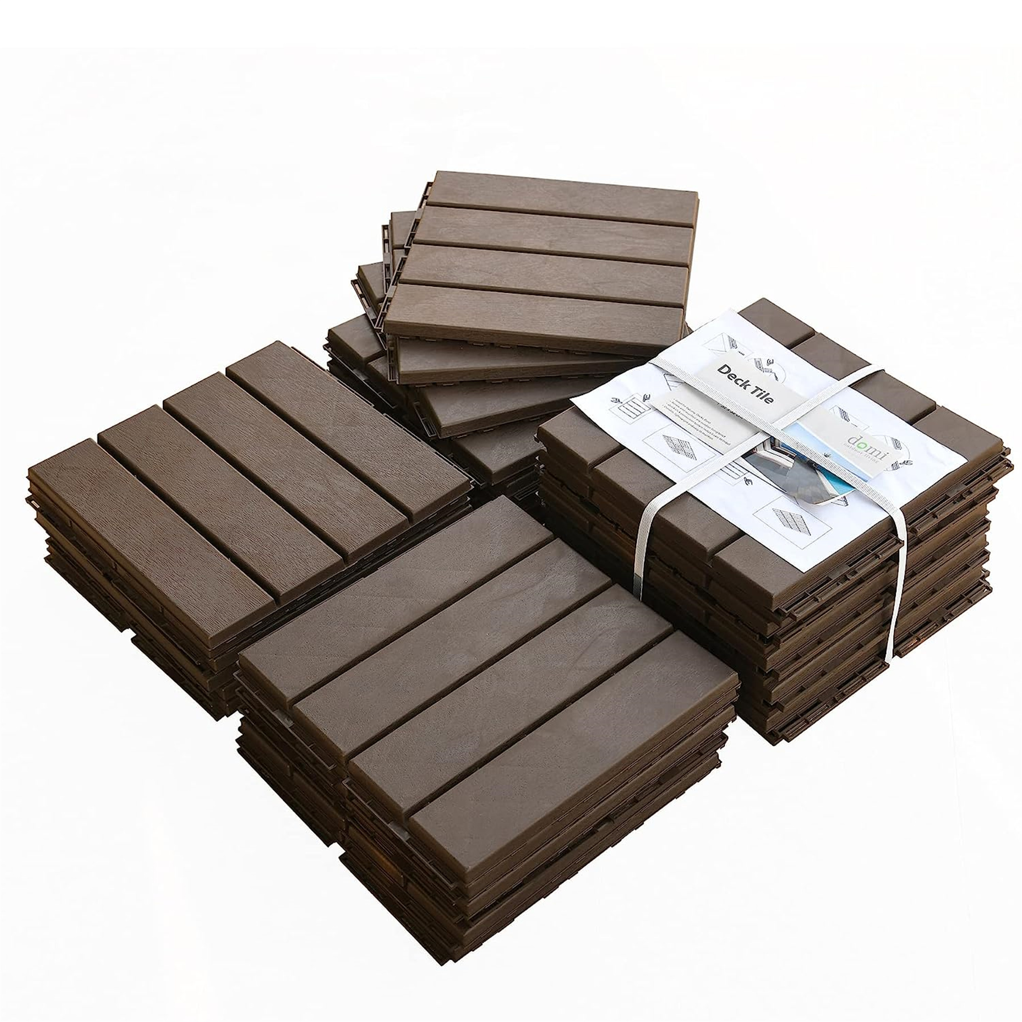 Patio Interlocking Deck Tiles, 12 X12 Square Composite Decking Tiles, Four Slat Plastic Outdoor Flooring Tile All Weather For Balcony Porch Backyard, Dark Brown, Pack Of 36