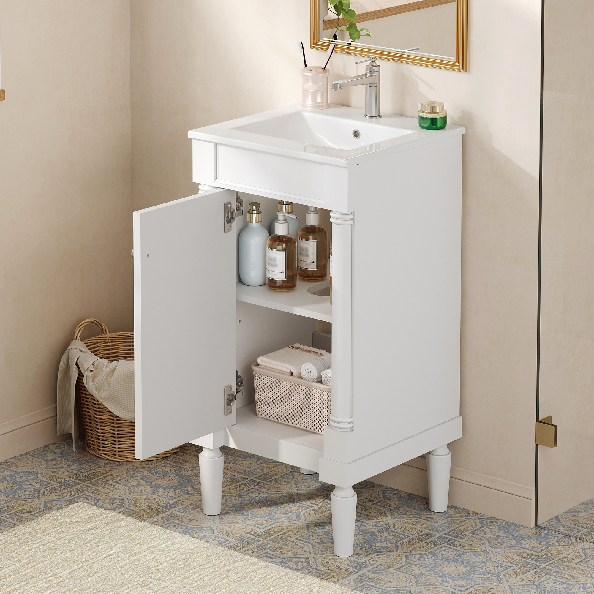 18   French Style Bathroom Cabinet With Storage, Small Space Solution With Ceramic Sink, Adjustable Shelf, Soft-Closing Hinges