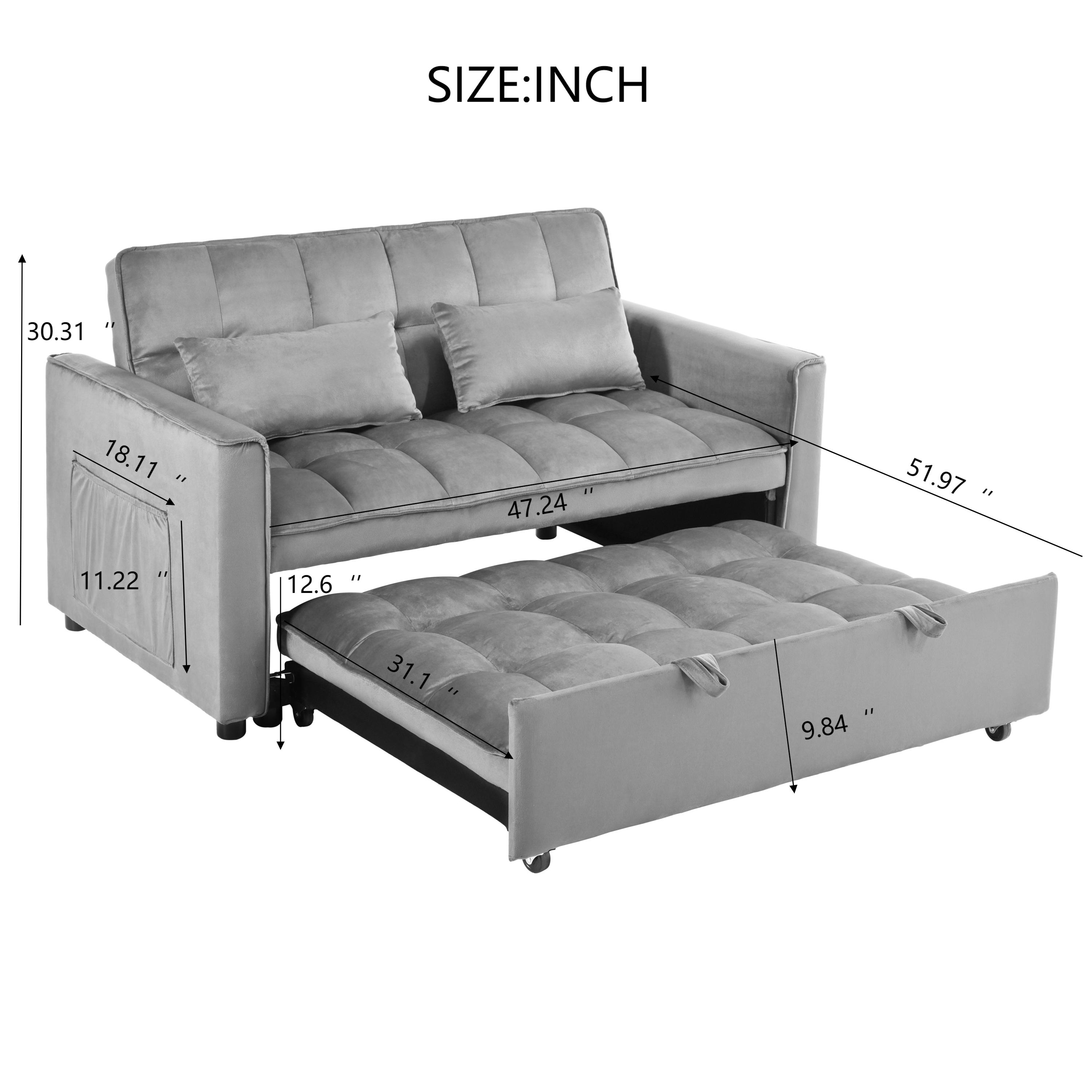 Convertible Sofa Bed,3-in-1 Pull Out Couch Bed With Reclining Backrest And Pillows,Sofa Bed Chair Full Convertible Sleeper Loveseat For  Living Room, Home Or Office  Light Gray