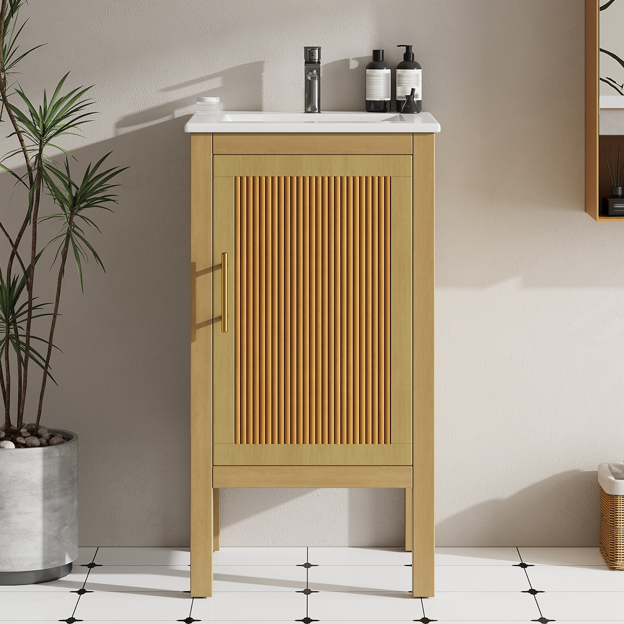 18   Bathroom Cabinet With Storage, Small Space Solution With Ceramic Sink, Adjustable Shelf, Soft-Closing Hinges