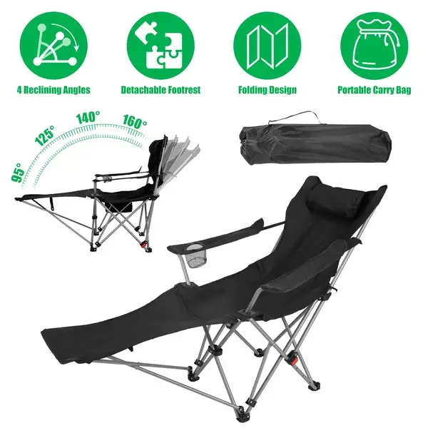 Outdoor Reclining Camping Lounge Chair 95-160 Adjustable Angle Carbon Steel Frame Heavy Duty Foldable Chair With Storage Bag For Patio Backyard Travel