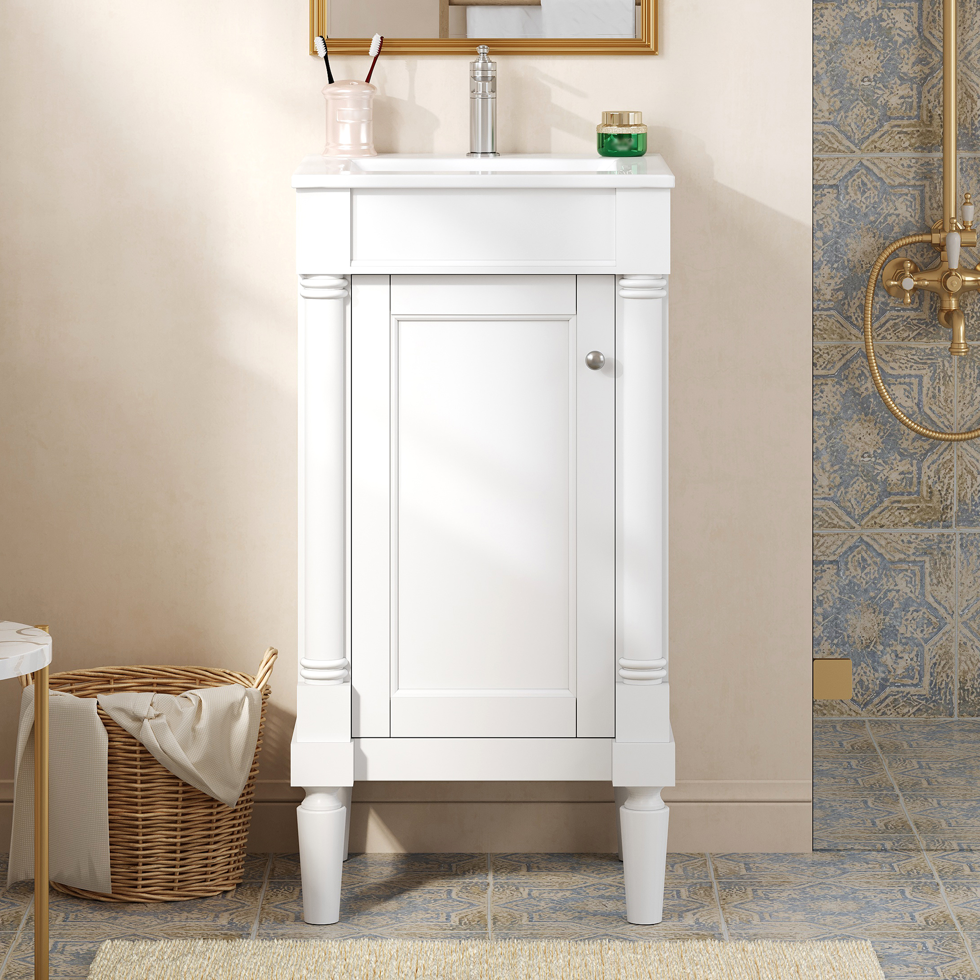18   French Style Bathroom Cabinet With Storage, Small Space Solution With Ceramic Sink, Adjustable Shelf, Soft-Closing Hinges