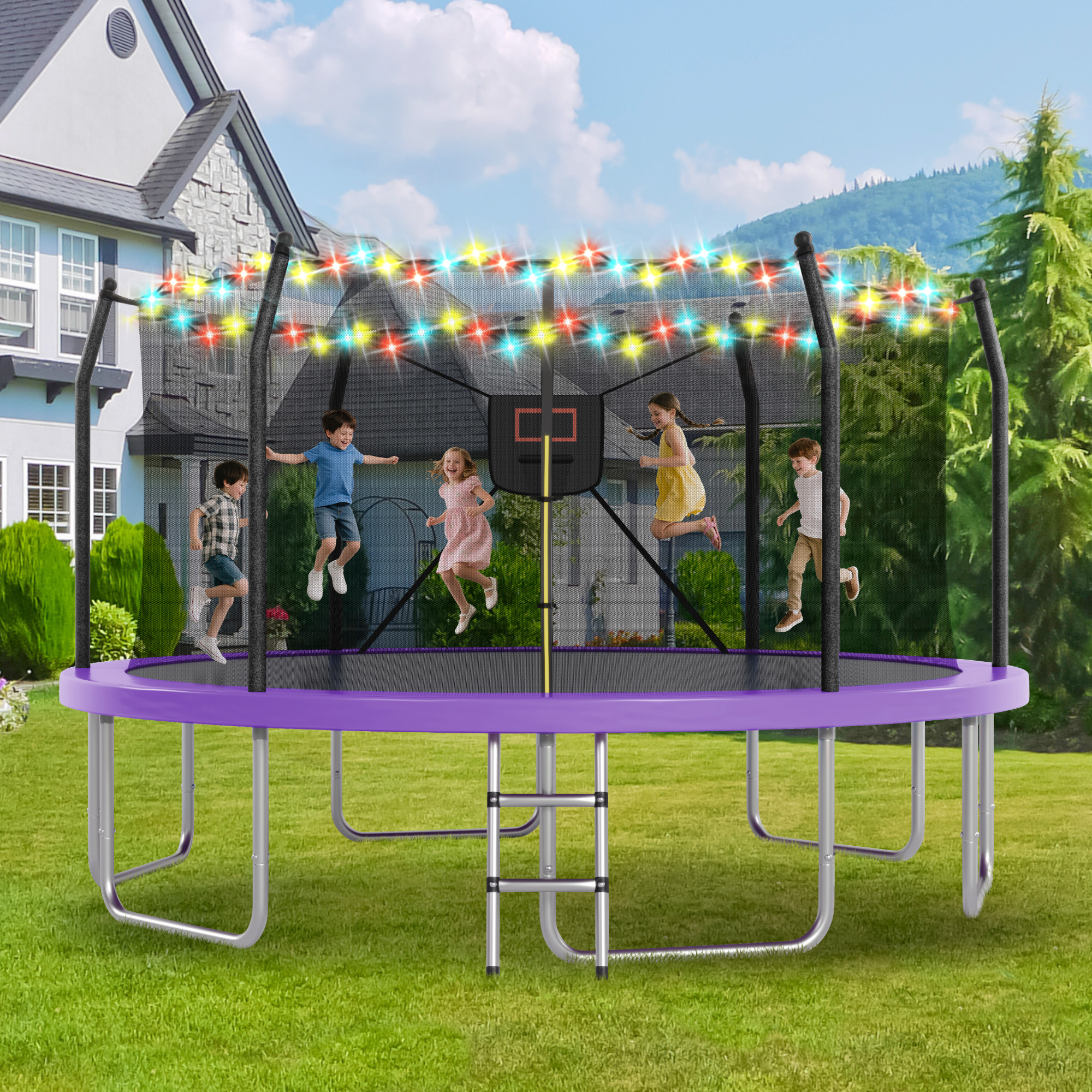 16FT Trampoline With Lights And Basketball Hoop, Outdoor Recreational 16   Trampoine For Kids And Adults