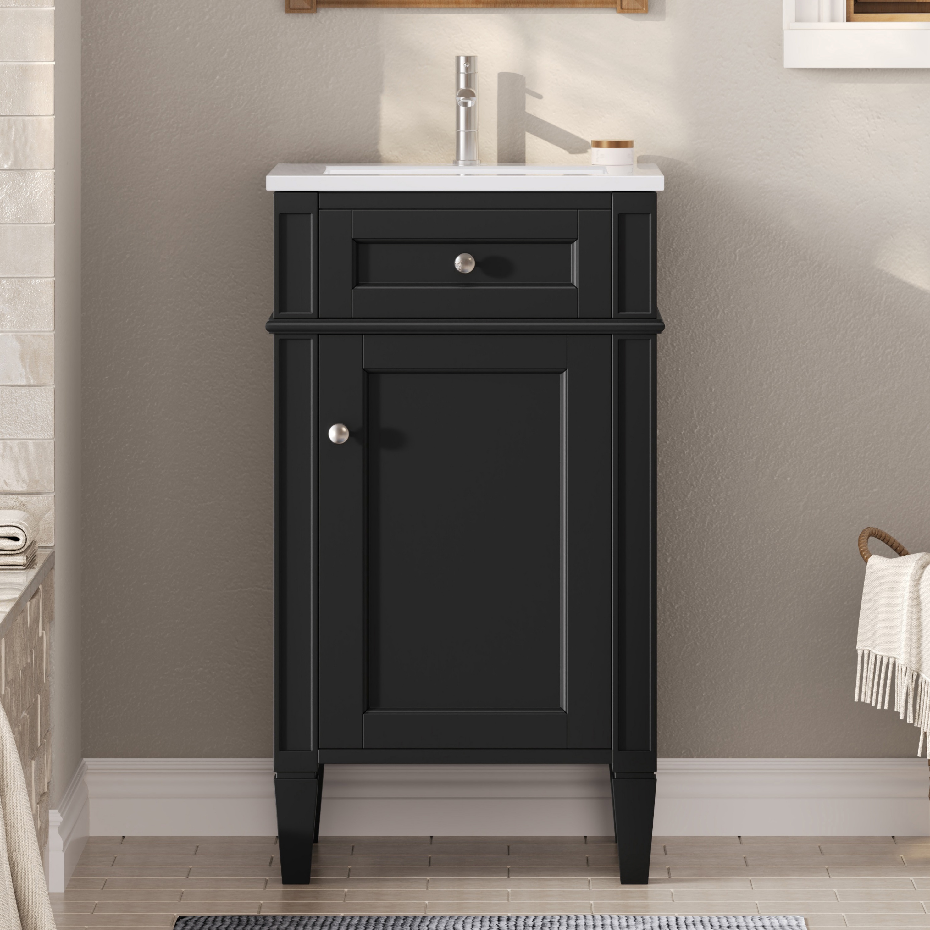 18-inch Bathroom Vanity With Ceramic Sink, Freestanding Single Vanity Set With Soft Closing Door, Adjustable Shelf, French Style, Solid Feet, Black