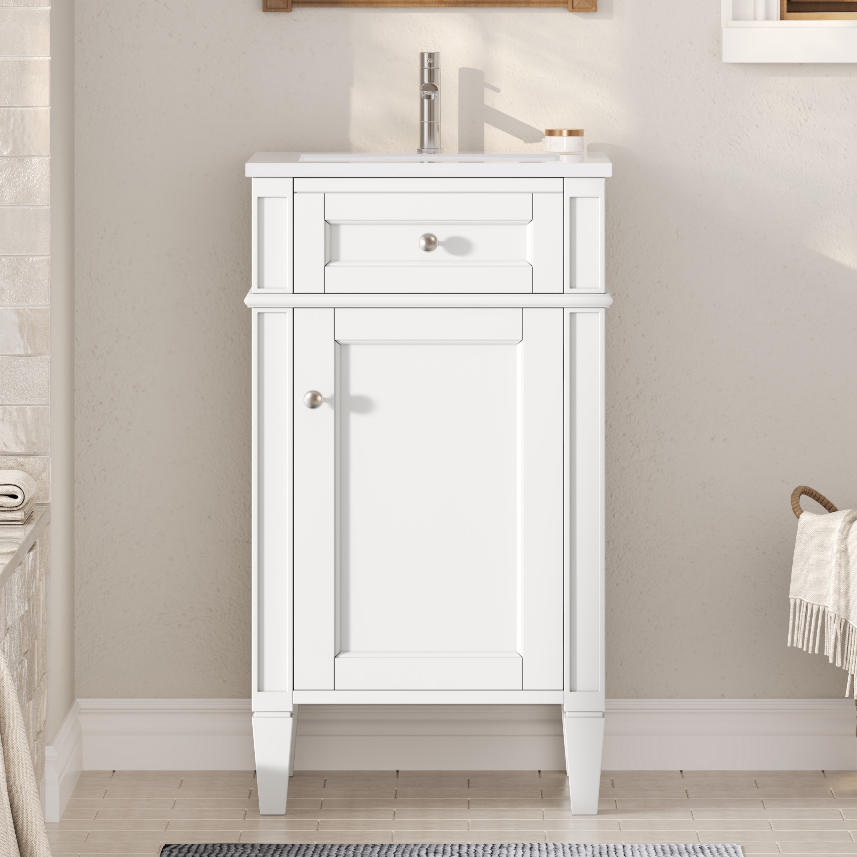 18-inch Bathroom Vanity With Ceramic Sink, Freestanding Single Vanity Set With Soft Closing Door, Adjustable Shelf, French Style, Solid Feet, White