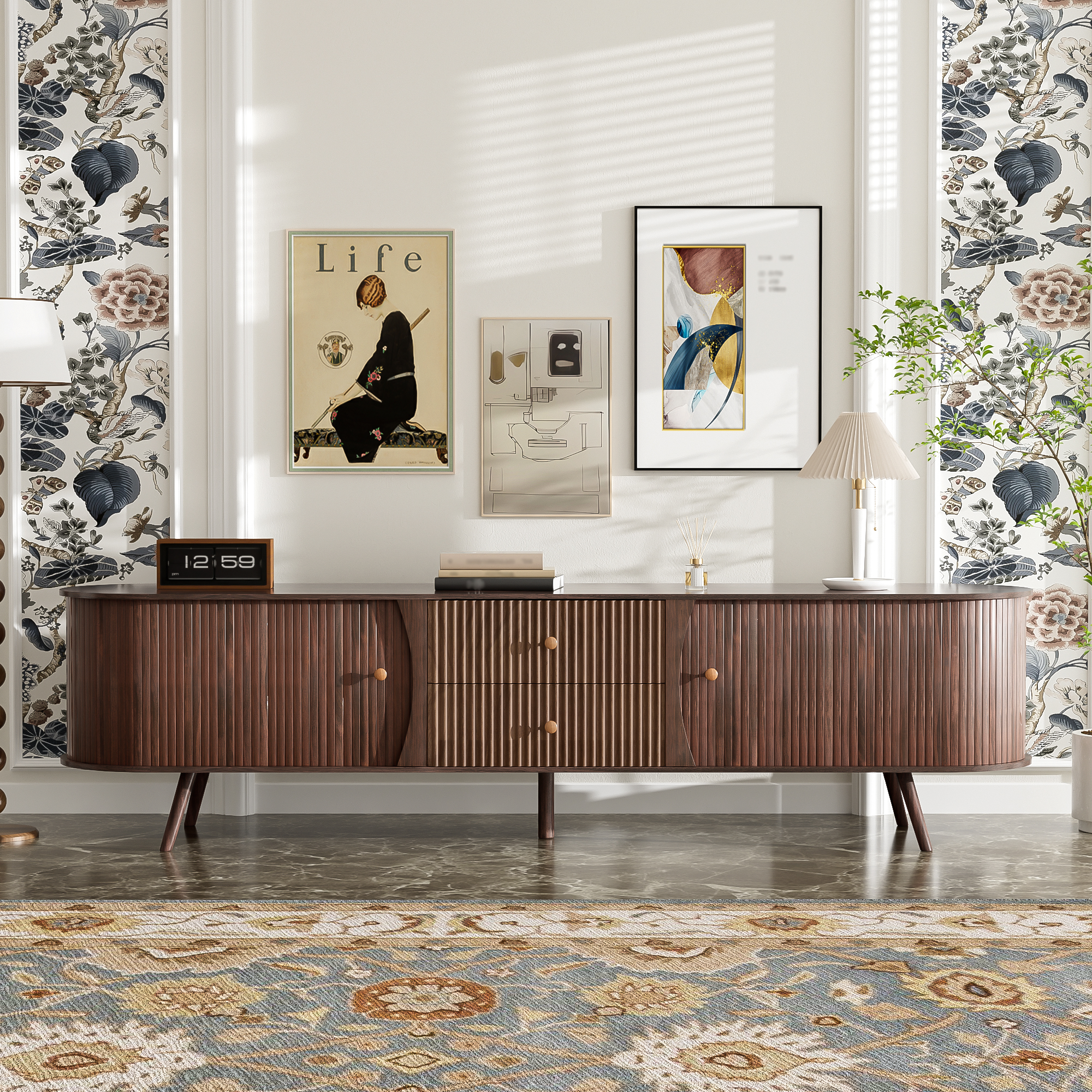 70 Inch Mid Century Modern TV Stand, TV Stand For 80 Inch TV, TV Stand With Tambour Doors, Fluted Drawers, TV Consoles For Living Room, Bedroom