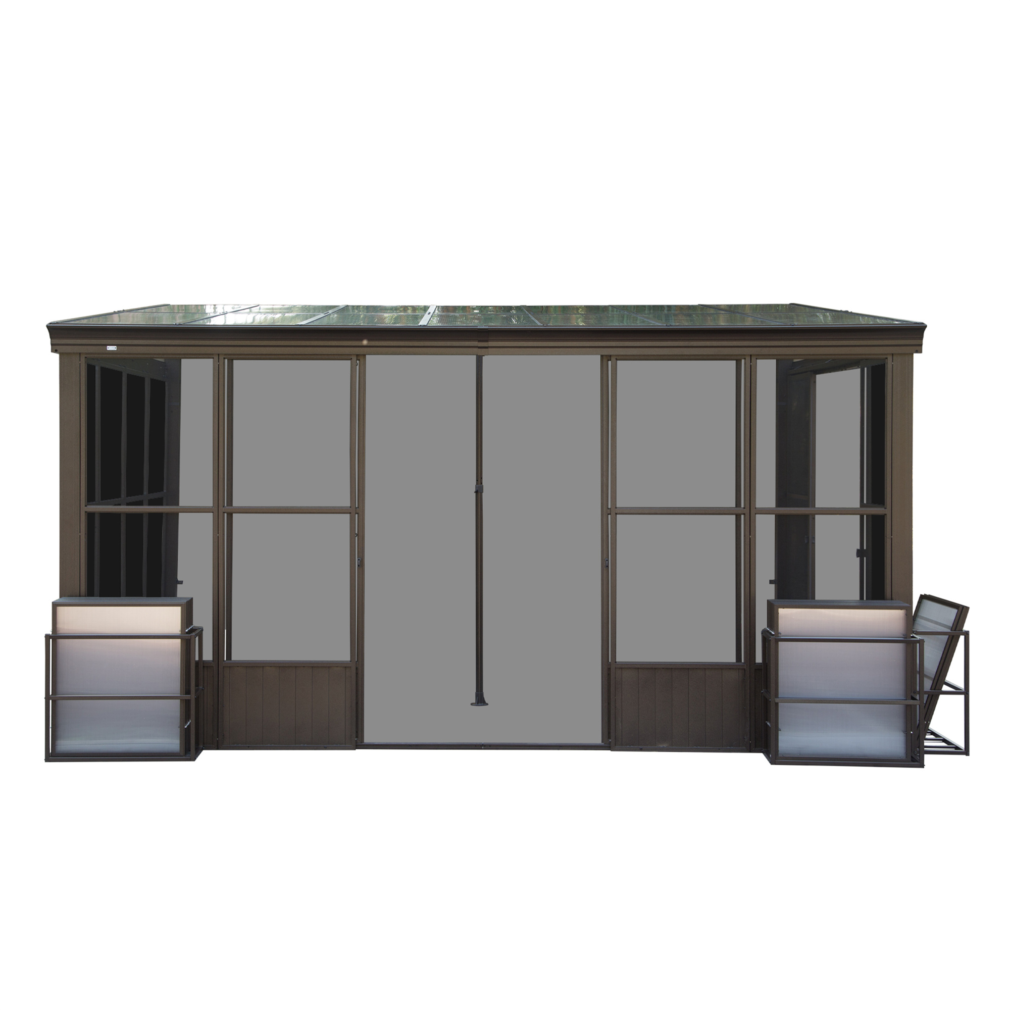 10x14FT All Season Sunroom, Outdoor Permanent Wall Mounted Solarium With Detachable Polycarbonate Windows, Aluminum Lean To Gazebo Sun Room With 3 Lockable Sliding Doors For Garden Patio Deck