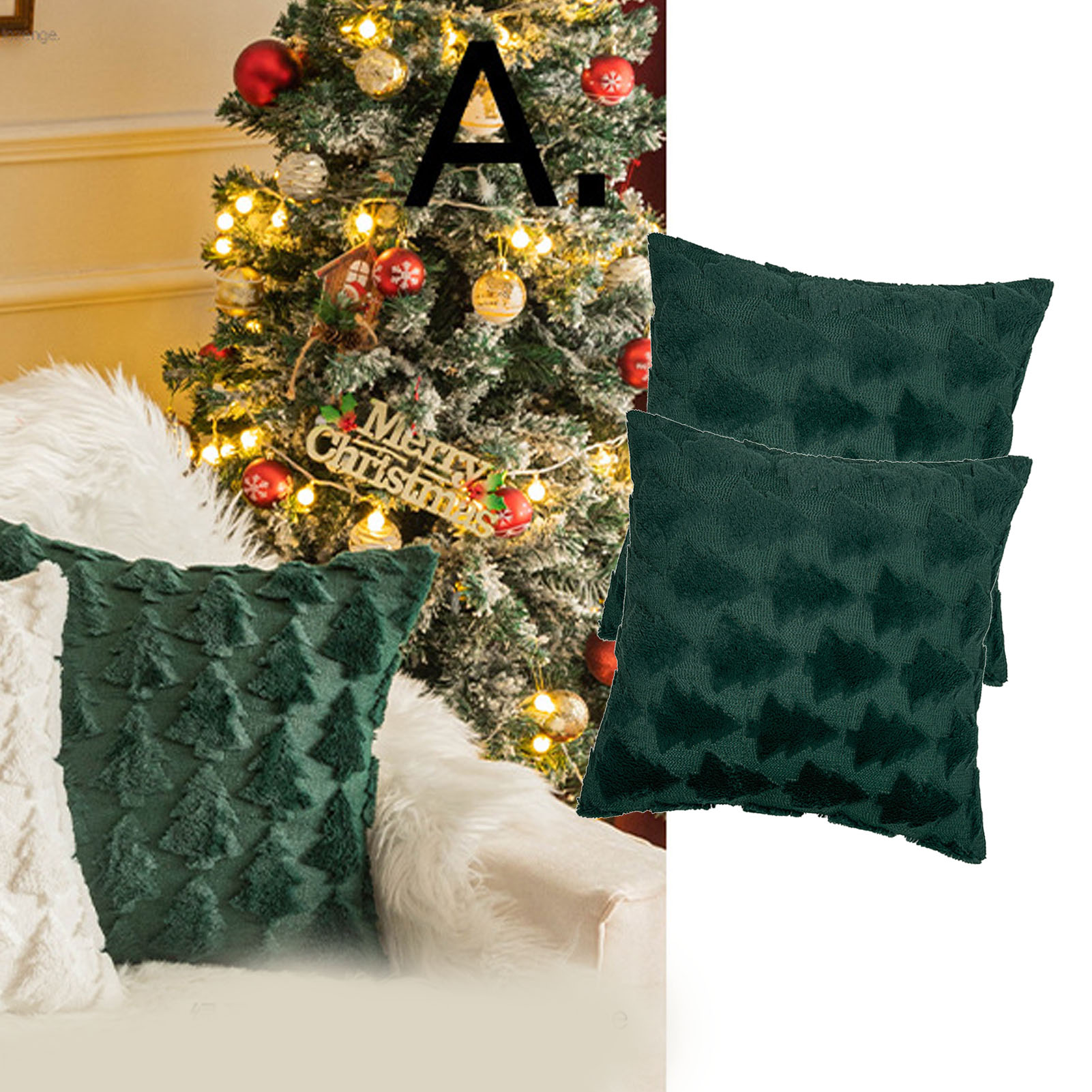 2pcs Xmas Tree Throw Pillow Covers Dark Green Decorative Soft Pillowcases For Couch Sofa Bed Kids Room 17.72x17.72in