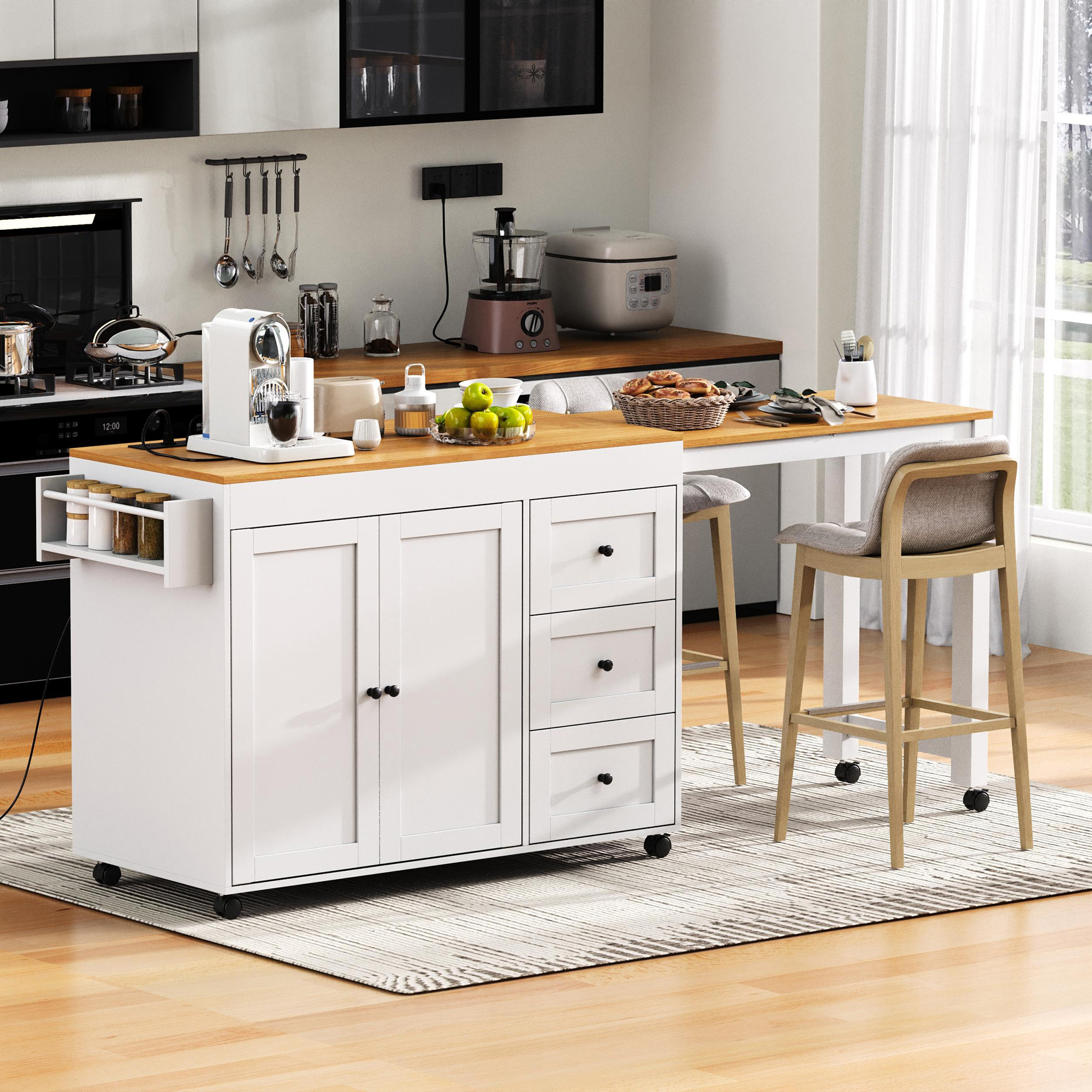 K&K 74.8 Kitchen Island With Extendable Dining Table, Kitchen Storage Cart With 3 Drawers, Power Outlet, Rolling Kitchen Island On Wheels With Spice Rack And 2 Door Cabinet, For Kitchen, White