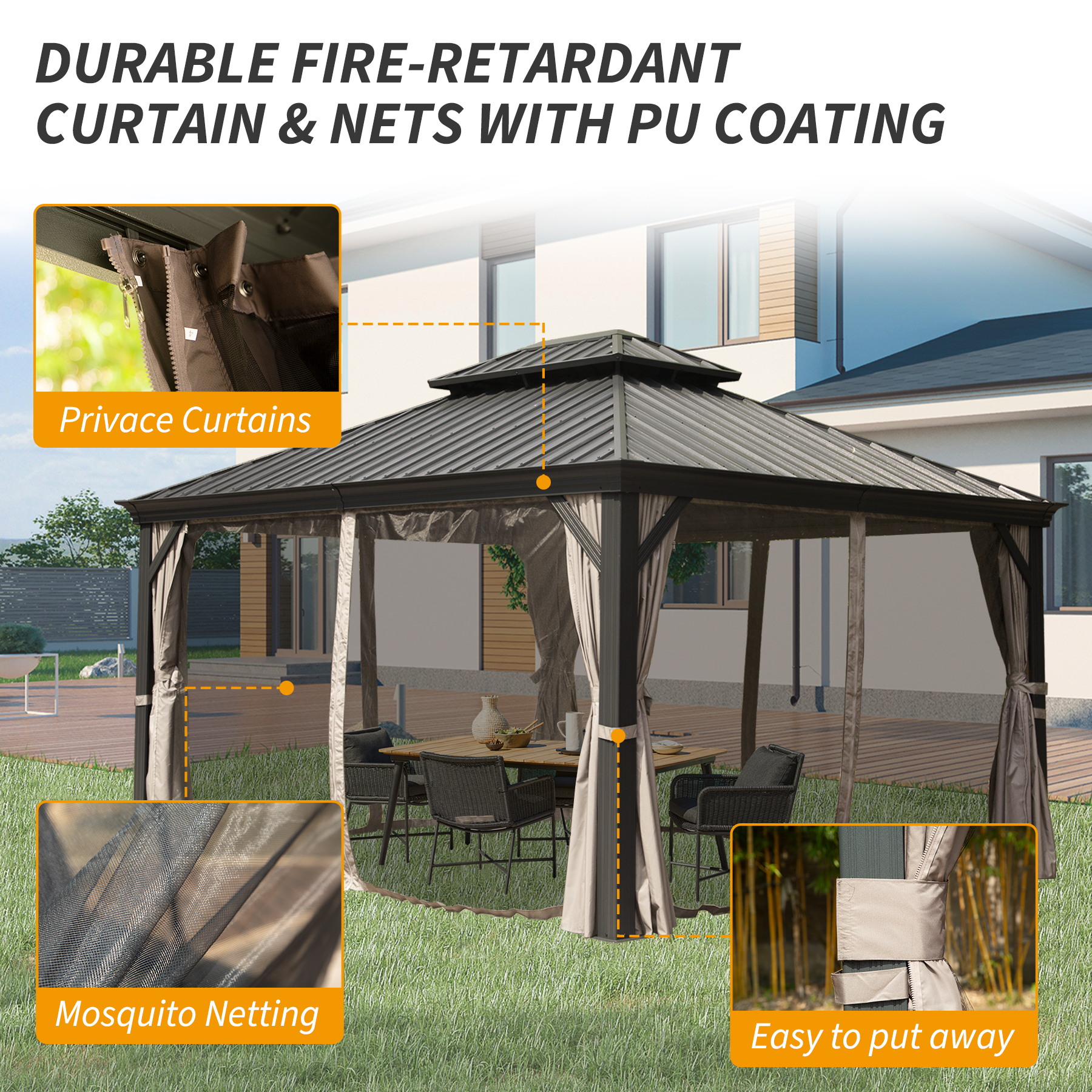 10 X 14 Hardtop Gazebo Permanent Outdoor Gazebo With Galvanized Steel Double Roof, Aluminum Frame, Curtains And Netting For Patio Lawn And Garden, Brown