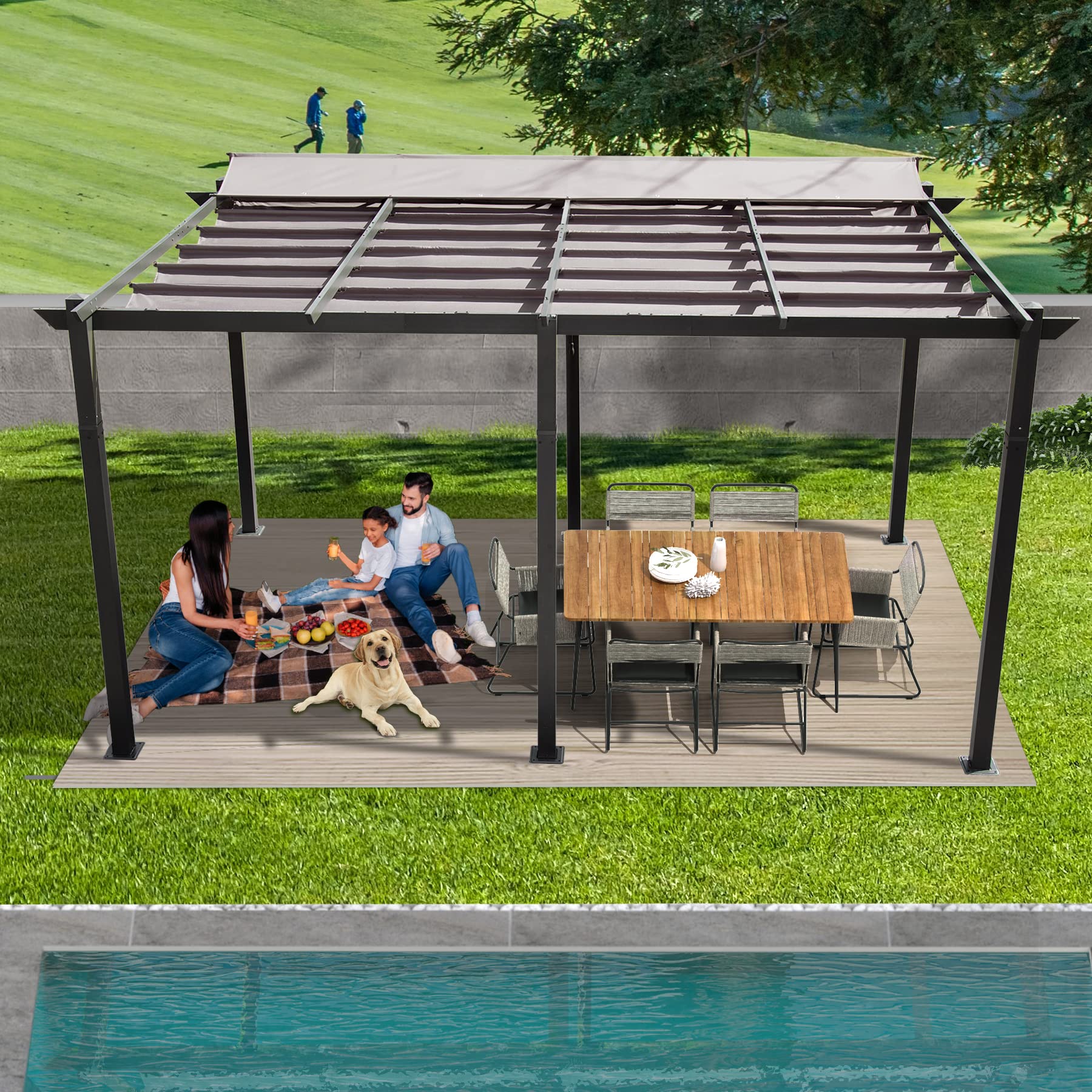 11 X 16 FT Outdoor Living Outdoor Retractable Pergola With Weather-Resistant Canopy Aluminum Garden Pergola Patio Grill Gazebo For Courtyard -Dark Gray