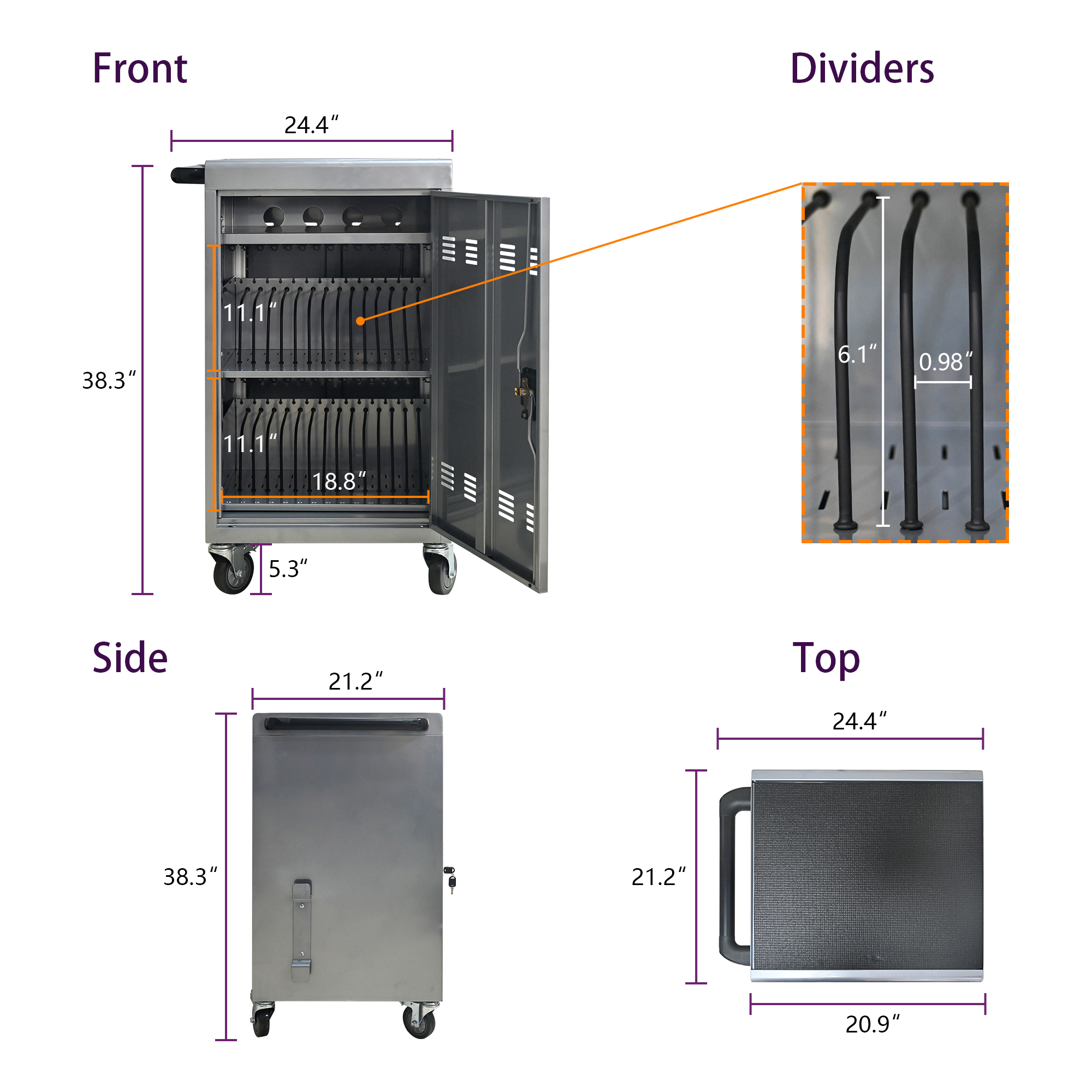 30  2Bay Mobile School Charging Cart Station For Chromebook, Tablet And Laptop Computer With Power Strip Included, Assembly Required-SILVER detail