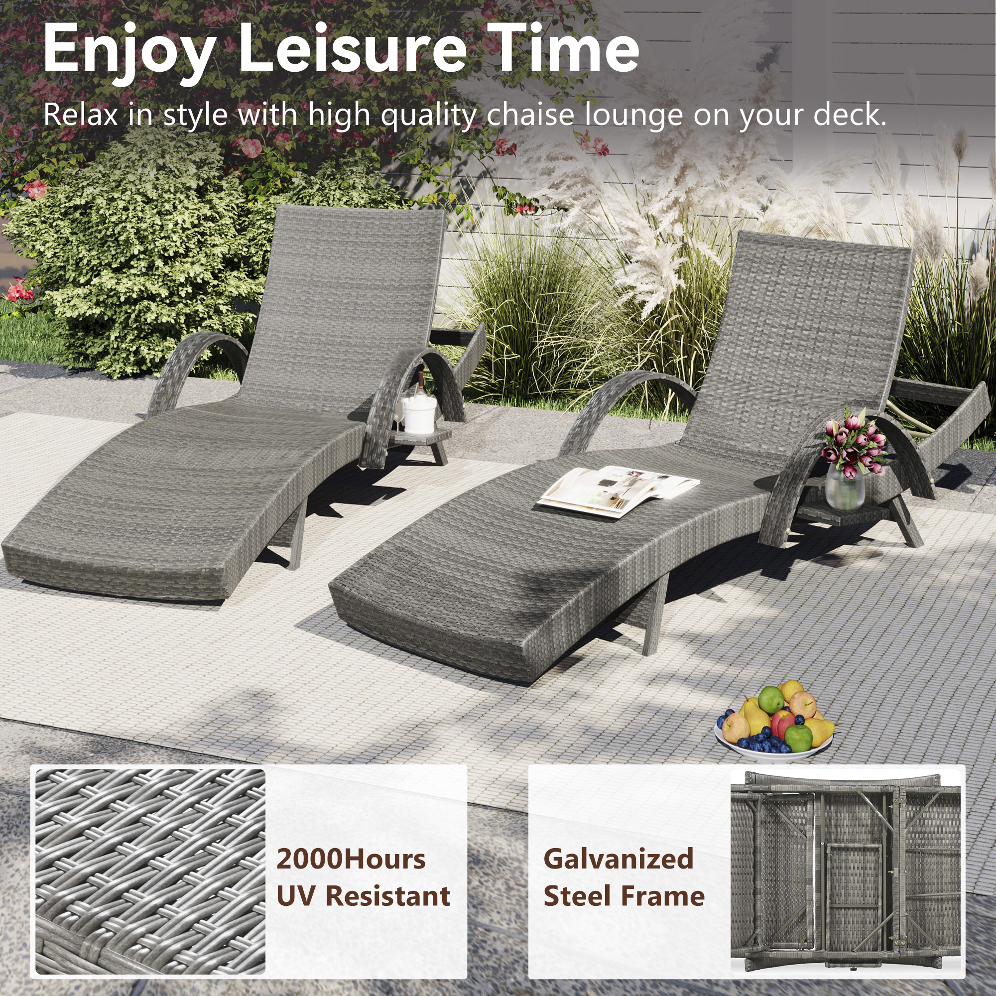 K&K 80   Outdoor Wicker Chaise Lounge Chairs Set Of 2, Patio Rattan Reclining Chair Pull-out Side Table W   5-Level Adjustable Backrest Ergonomic Wave Design Pool Sunbathing Recliners, Grey