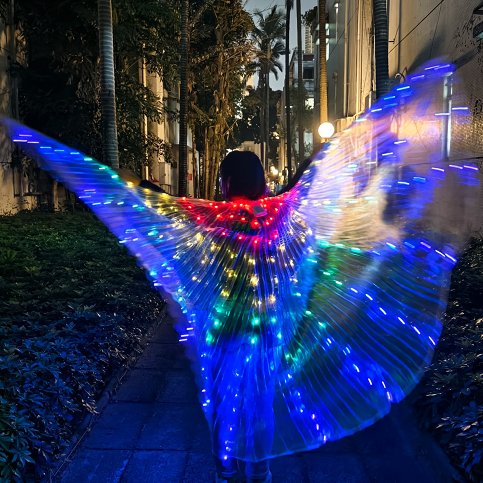 Led Light Up Wing For Adults 9.8ft Polyester Glowing Wing Belly Dance Costume Performance Clothing With Telescopic Rods For Carnival Rgb Multicolor