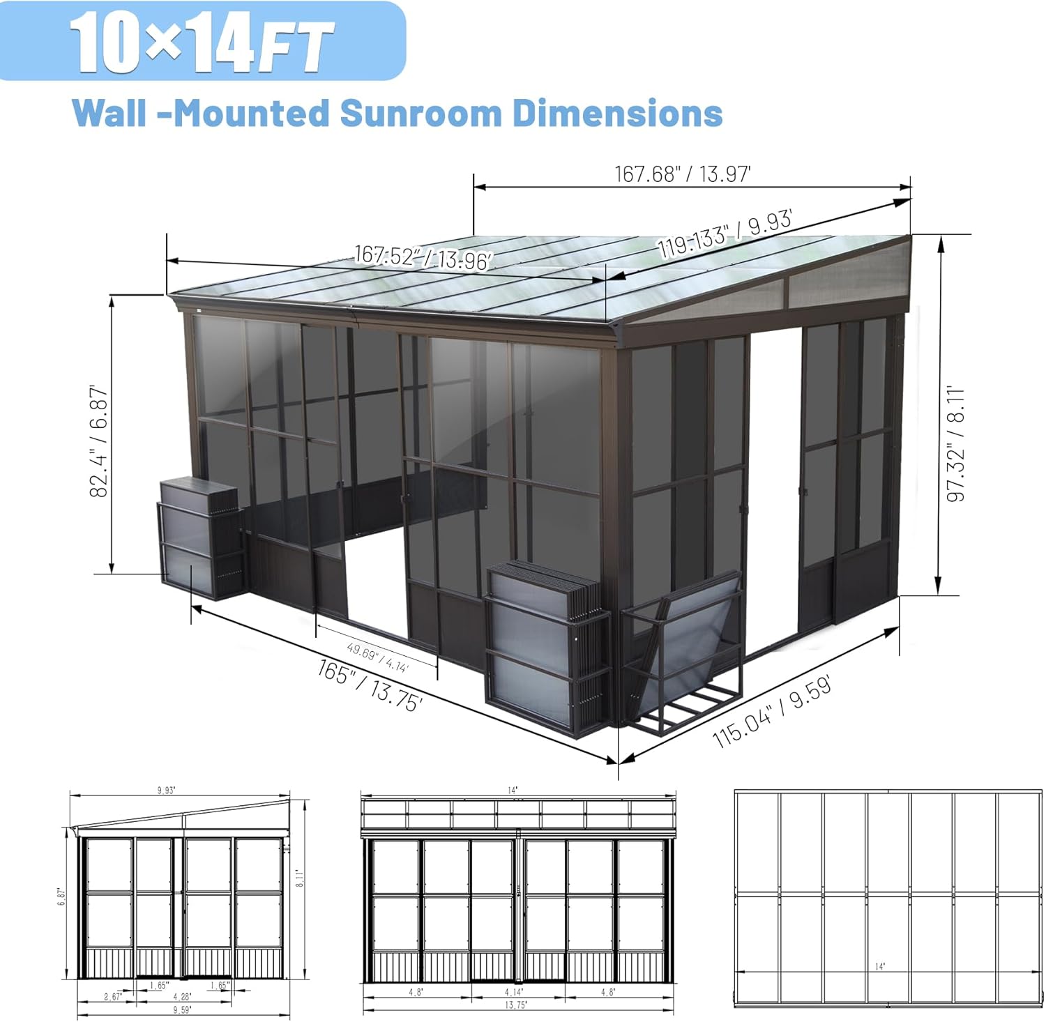 10x14FT All Season Sunroom, Outdoor Permanent Wall Mounted Solarium With Detachable Polycarbonate Windows, Aluminum Lean To Gazebo Sun Room With 3 Lockable Sliding Doors For Garden Patio Deck