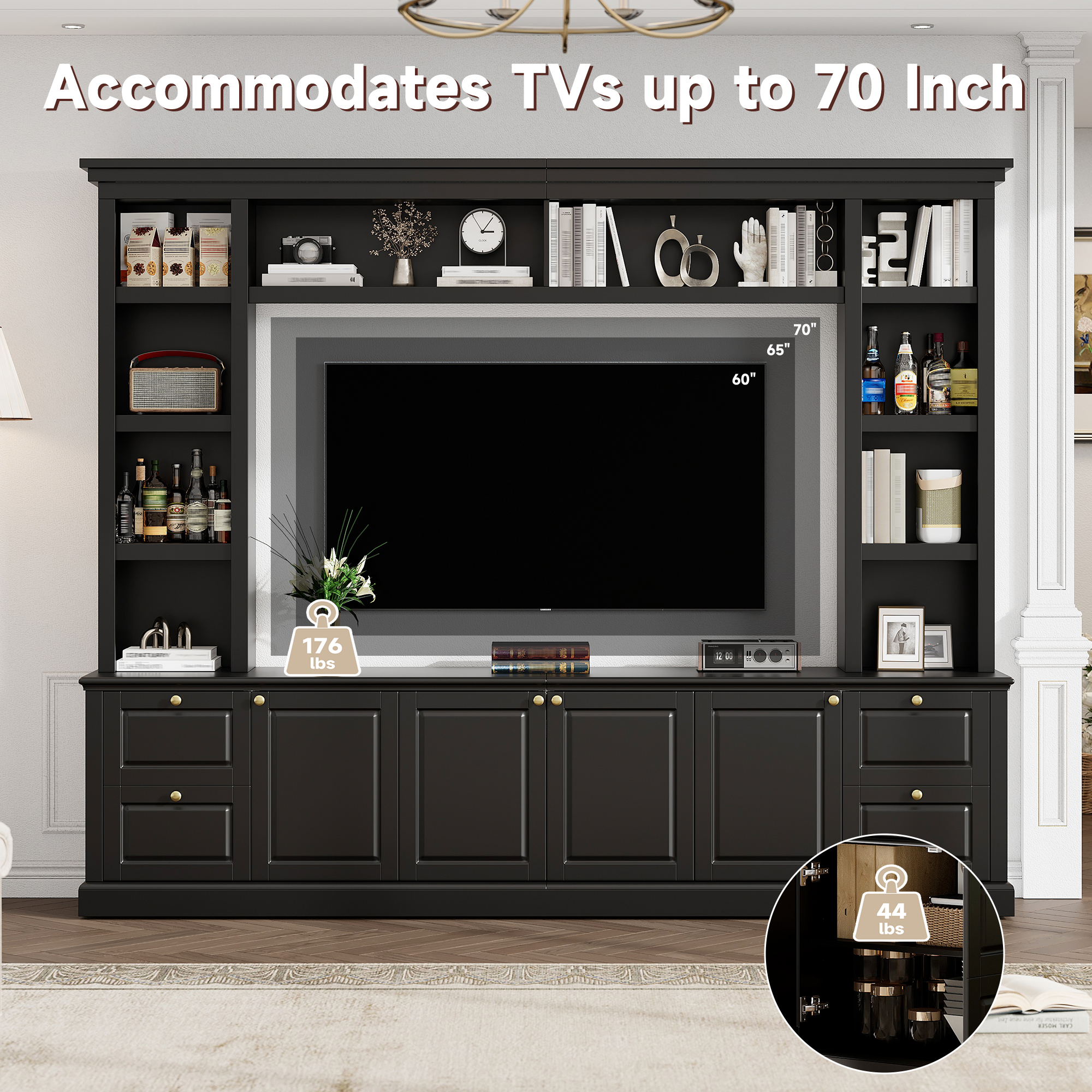 All-in-One Modern TV Stand With Bookcase For TVs Up To 70 Inch, Entertainment Center With 3 Adjustable Shelves, For Living Room, Display Storage Cabinet, Ample Storage Space TV Stand