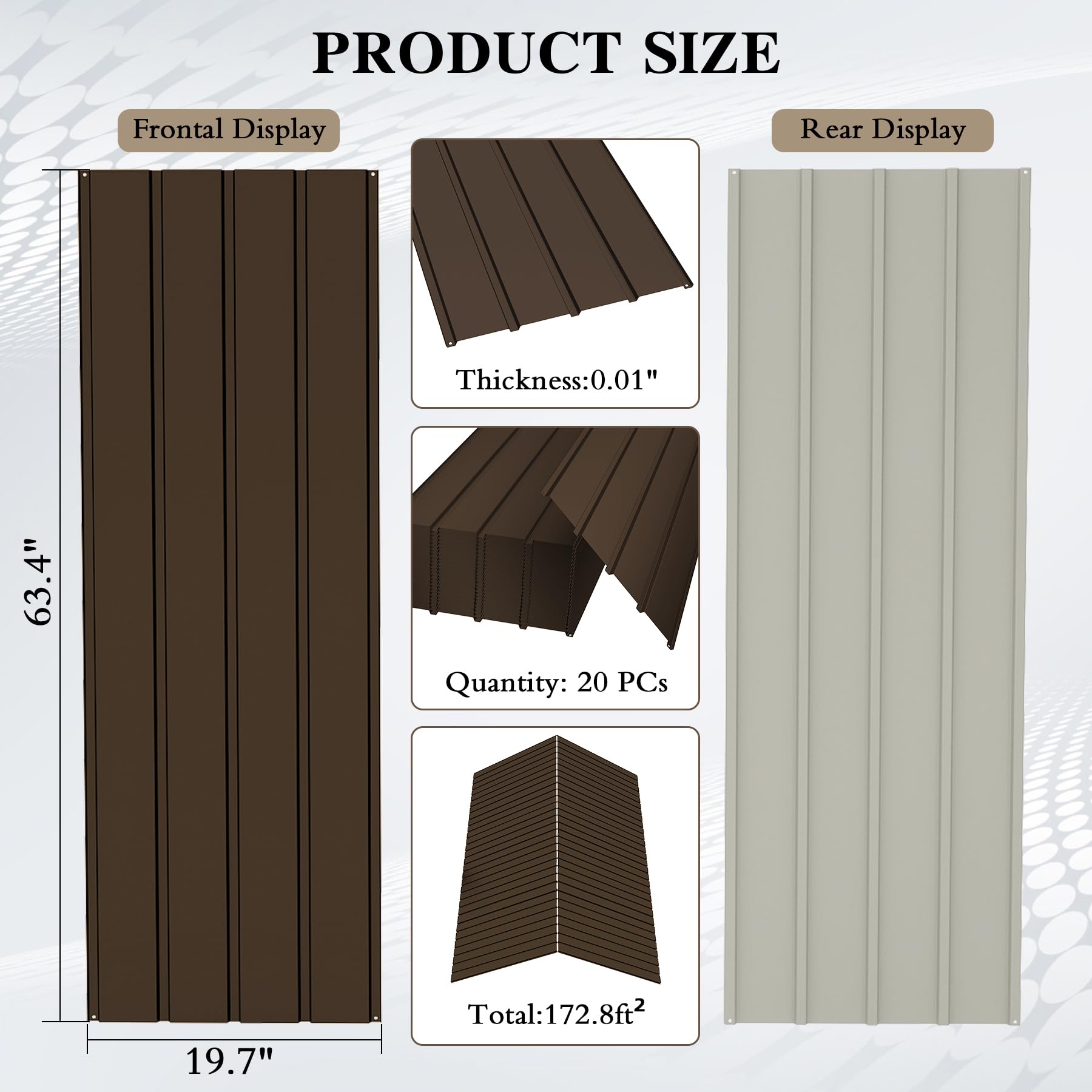 20 PCS Metal Roofing Panels, Galvanized Steel Corrugated Roof Panels Waterproof Heavy Duty Metal Siding Panels With Screws For Pergola Gazebo Garage Sheds Mobile Home   Brown
