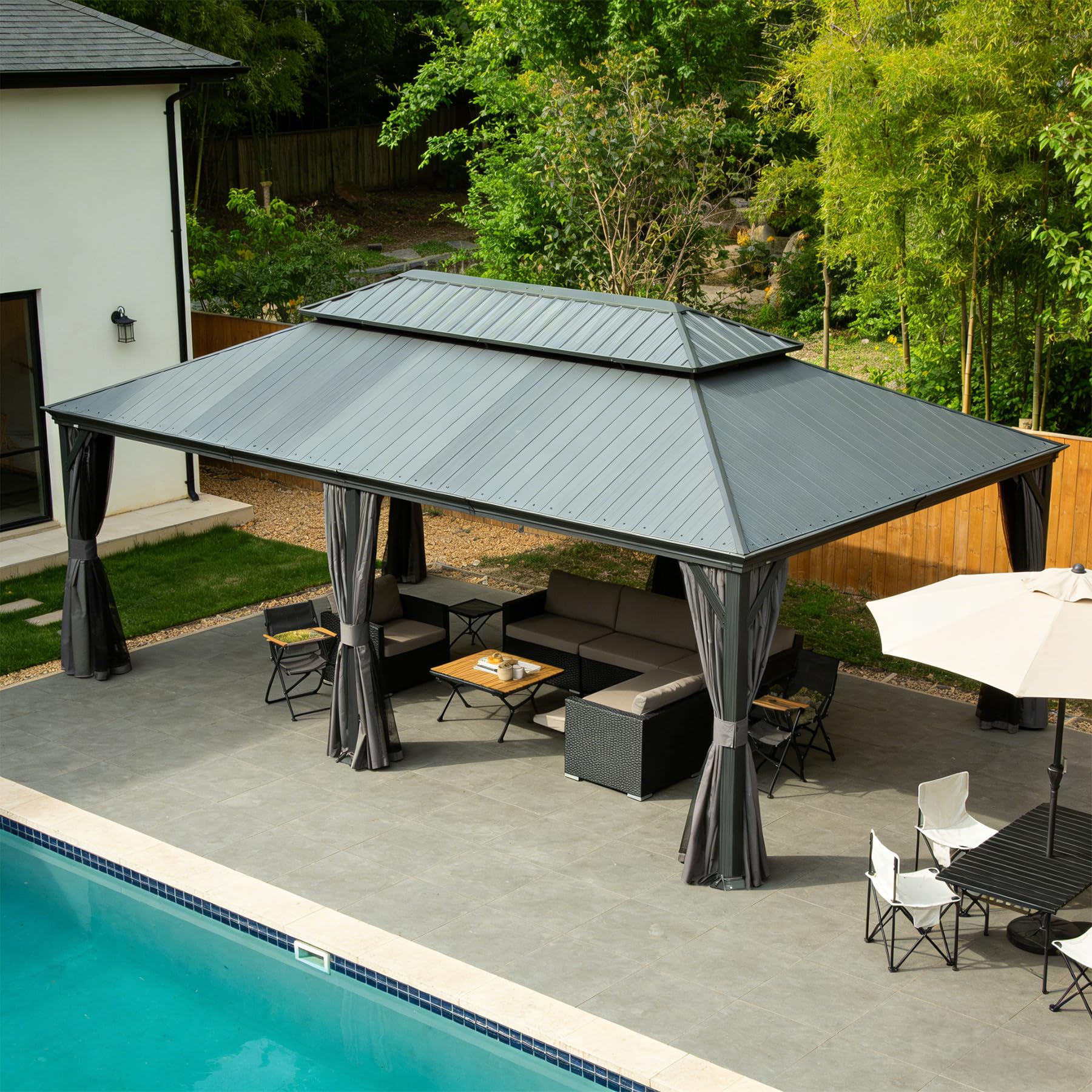 14×20 Hardtop Gazebo Resin Steel Roof 35PSF Snow Load Drainage Curtains Dark Gra