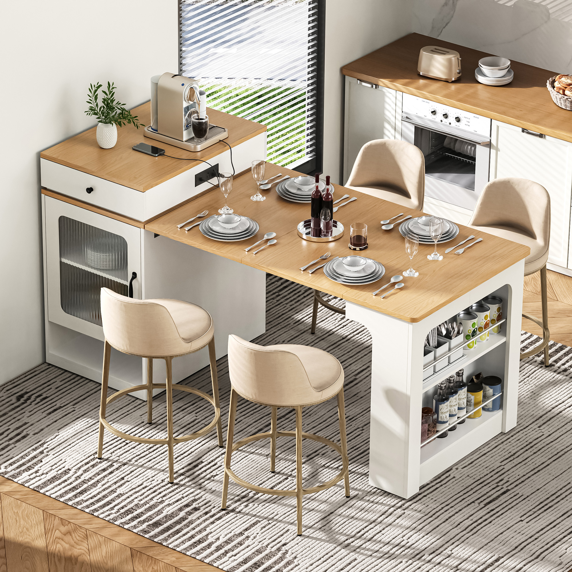 K&K 59.5 Kitchen Island With Extendable Dining Table, Kitchen Storage Table With Double-sided Storage, Kitchen Island With 2 Drawers, Power Outlet, Side Open Shelves, For Kitchen, Dining Room, White