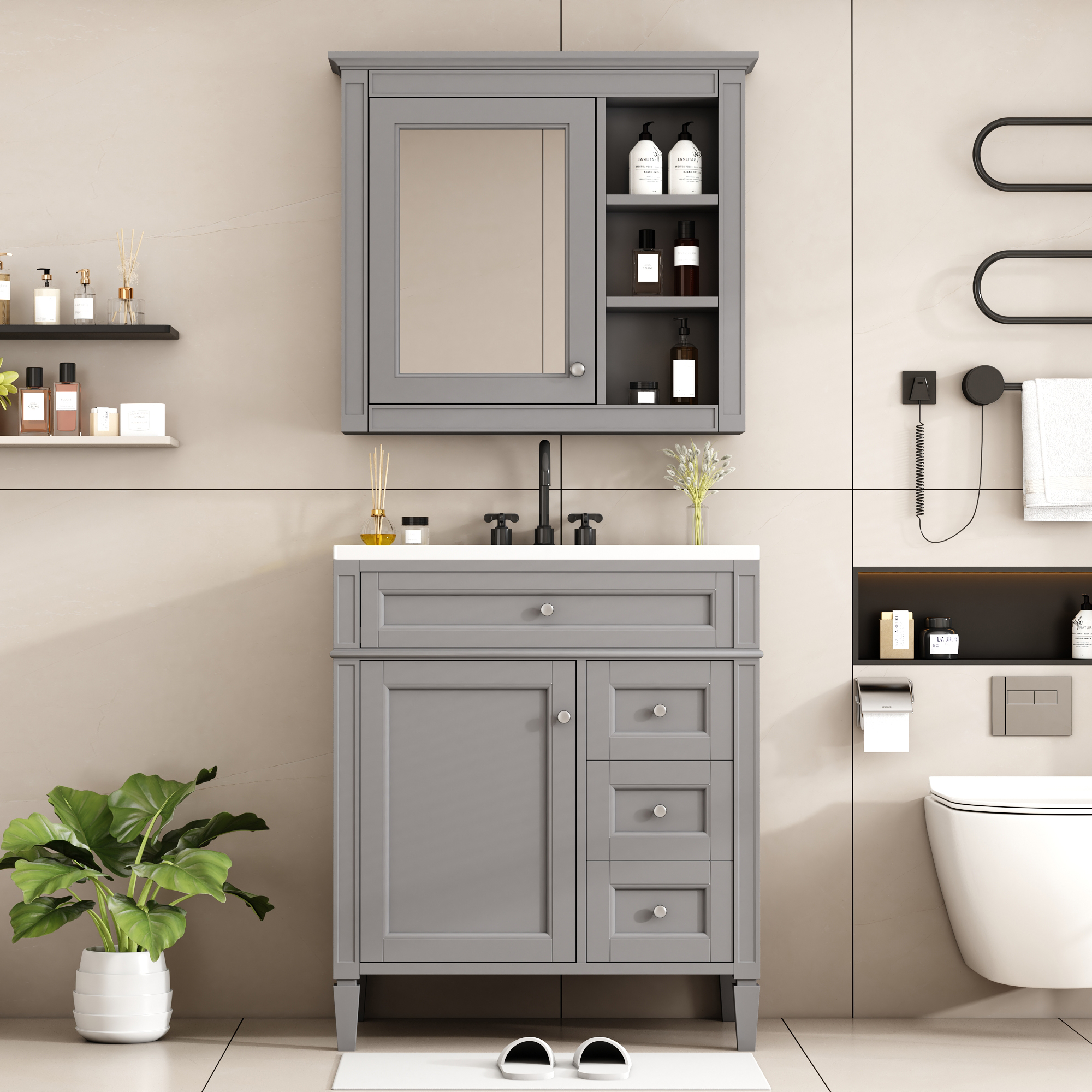 30 Bathroom Vanity With Top Sink, Modern Bathroom Storage Cabinet With 2 Drawers And A Tip-out Drawer, Freestanding Vanity Set With Mirror Cabinet, Single Sink Bathroom Vanity