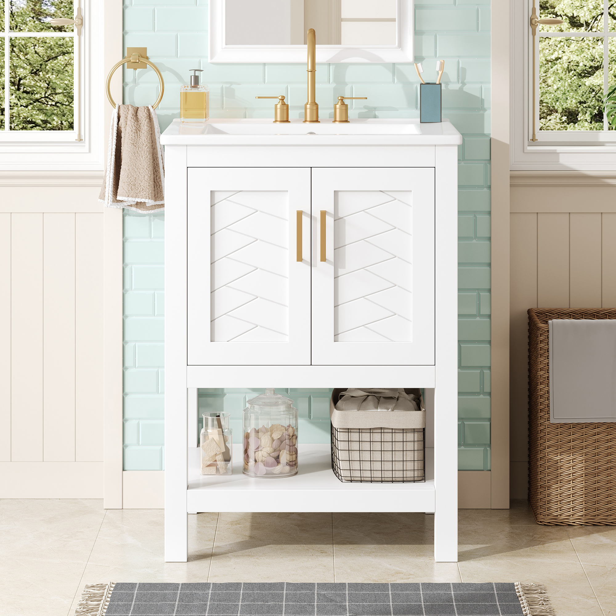 24 Modern Bathroom Vanity With Elegant Twill Design & Soft-Close Hinges, Bathroom Cabinet With Back Open Structure, Adjustable Shelf