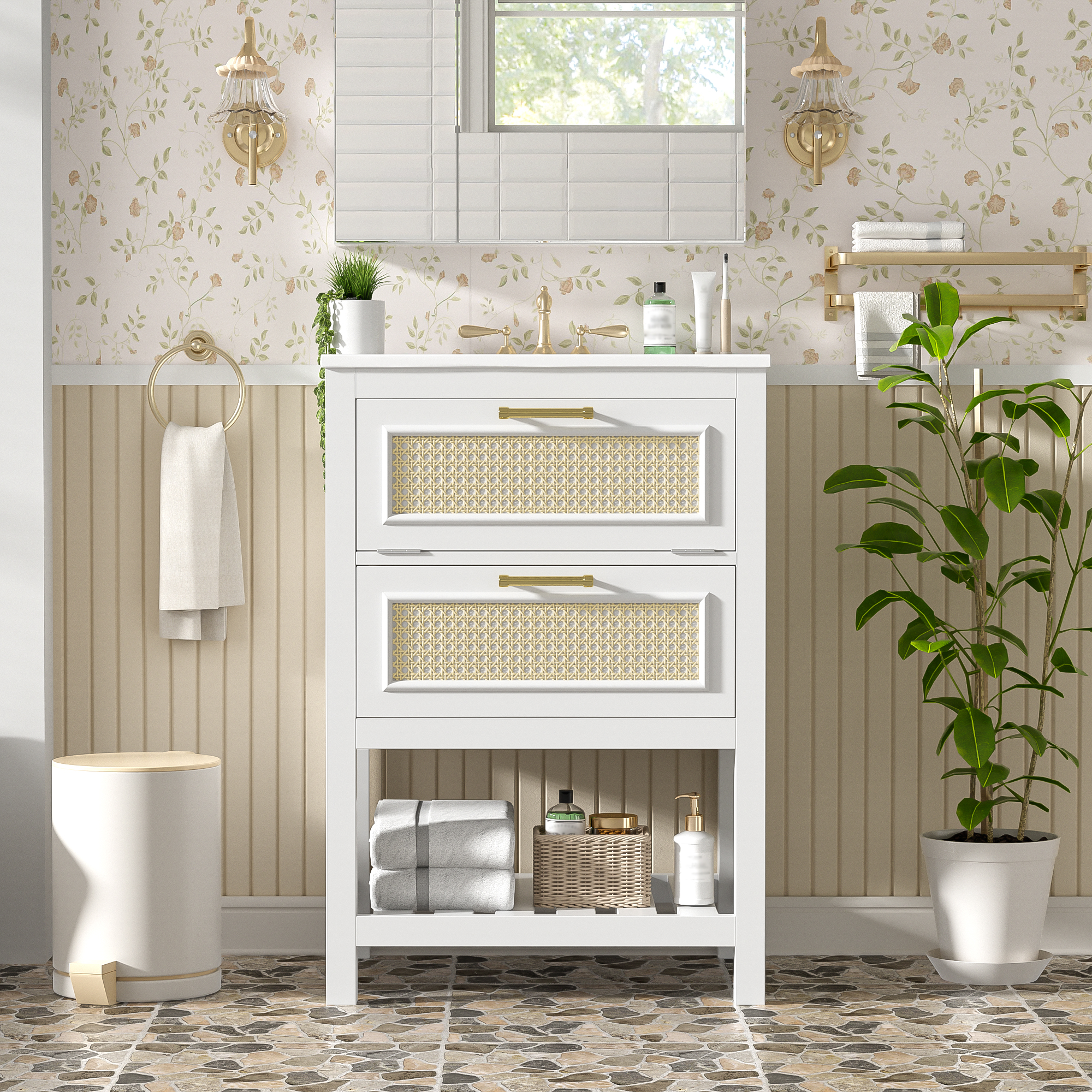 24 Bathroom Vanity With Integrated Ceramic Sink, Bathroom Cabinet With 1 Deep Drawer, 1 Tip-Out Drawer, Single Sink Bathroom Vanity For Small And Medium Restroom