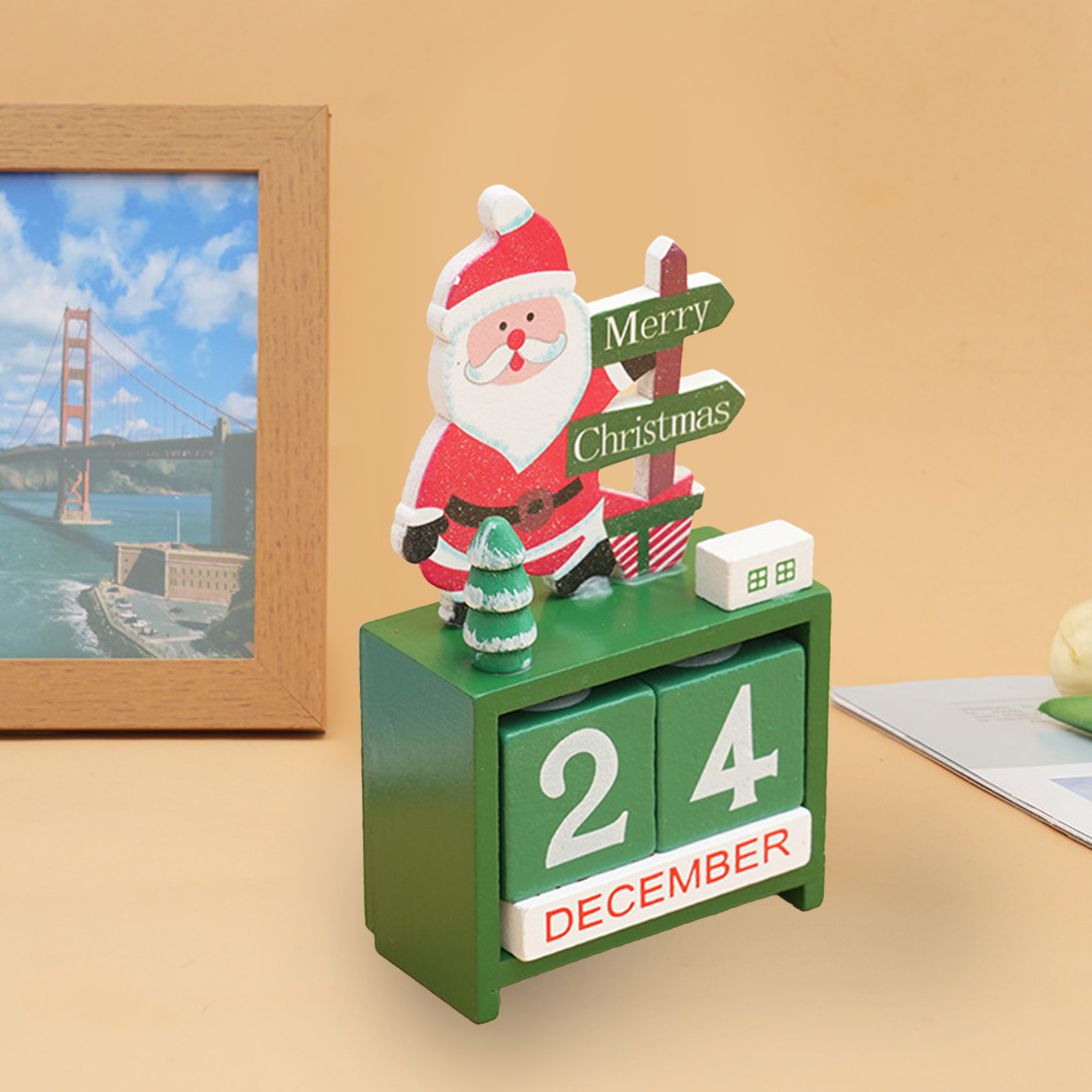 Xmas Desk Calendar Desktop Decoration Tabletop Number Date Wooden Blocks Ornament Santa — foto 3
