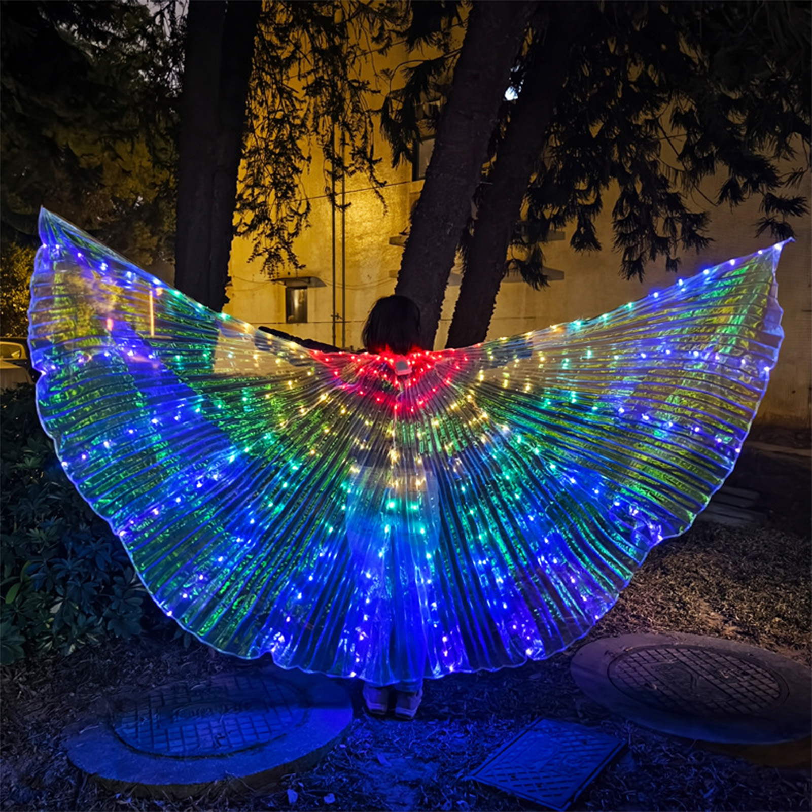 Led Light Up Wing For Adults 9.8ft Polyester Glowing Wing Belly Dance Costume Performance Clothing With Telescopic Rods For Carnival Rgb Multicolor