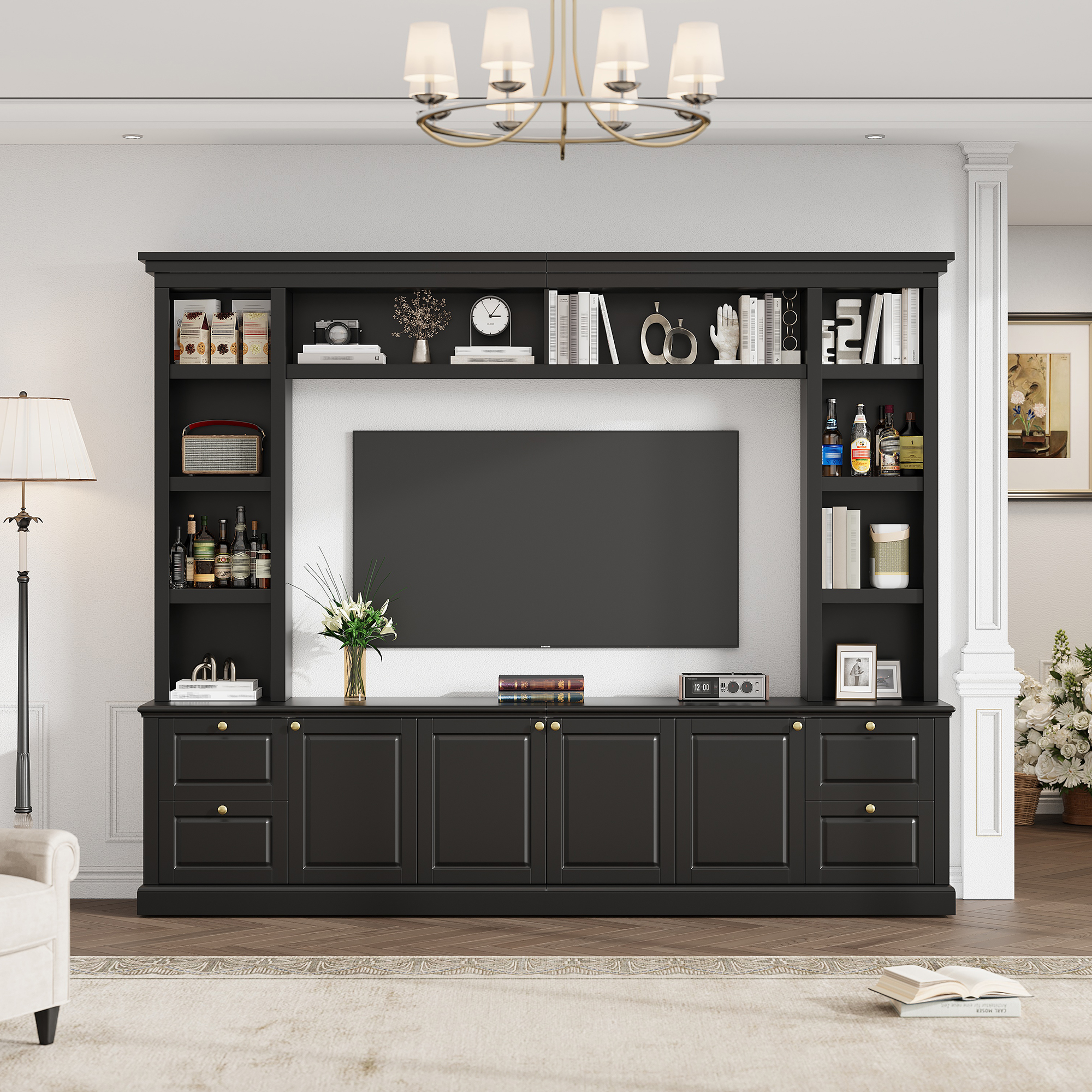 All-in-One Modern TV Stand With Bookcase For TVs Up To 70 Inch, Entertainment Center With 3 Adjustable Shelves, For Living Room, Display Storage Cabinet, Ample Storage Space TV Stand