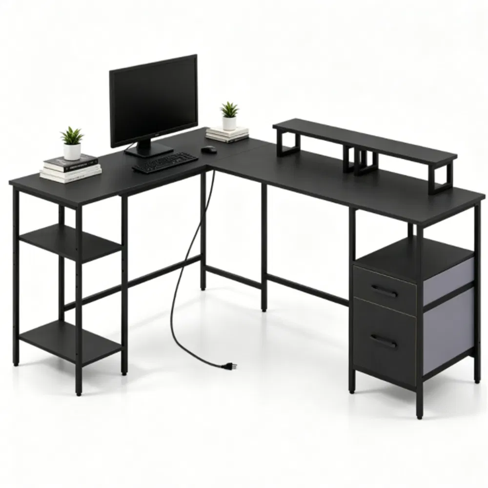 L-Shaped Corner Desk With Charging Station, Reversible Monitor Stand & Foldable Fabric Drawers, 4-Position Adjustable Shelf Computer Desk For Home Office Gaming