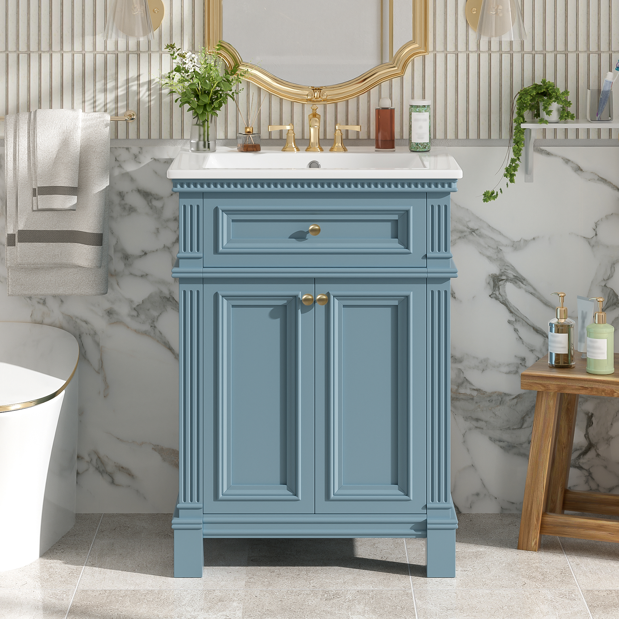 24 Vintage Elegance Bathroom Cabinet With Soft Closing Doors And Adjustable Shelf, Bathroom Vanity With Ceramic Sink
