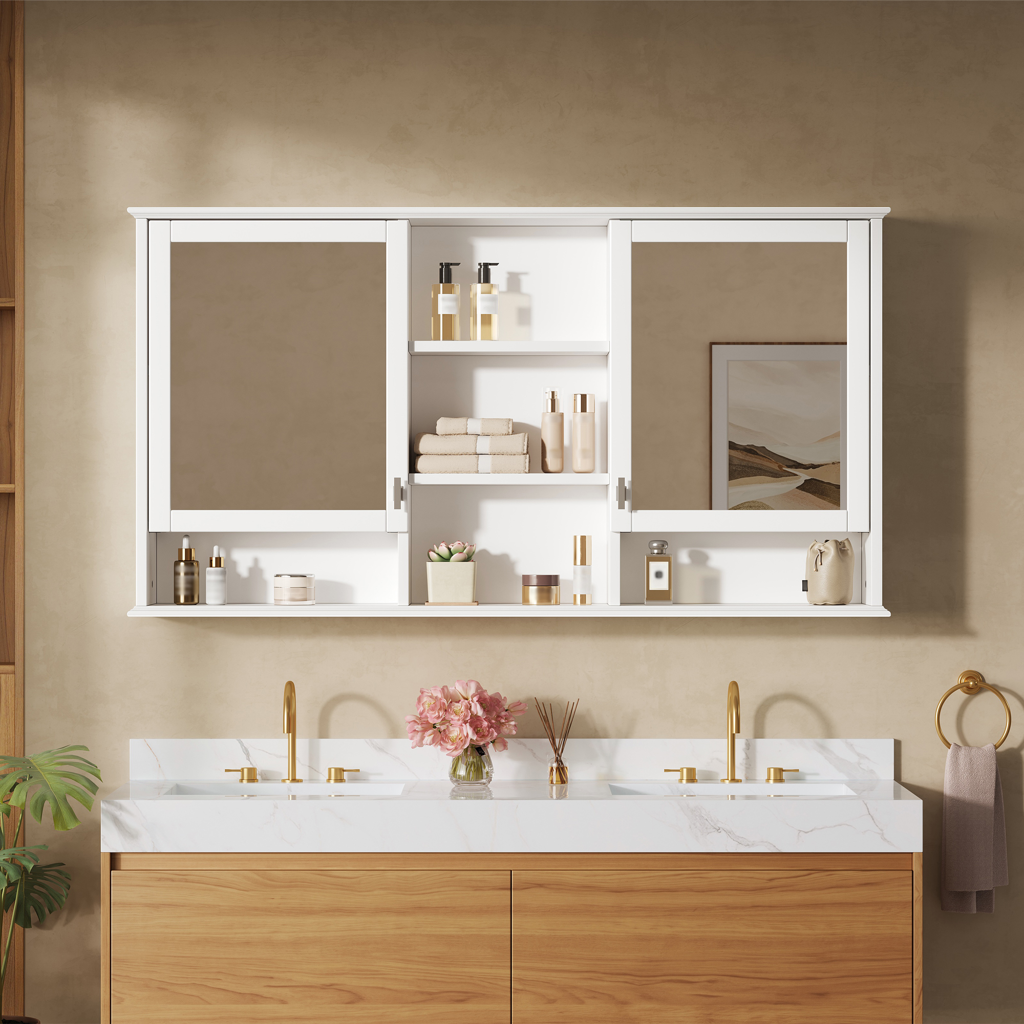 55-inch Wall-Mount 2-in-1 Mirror Cabinet With Adjustable Shelves, Soft-Closing Hinges, High-Definition Mirrors, For Bathroom Vanity, Living Room, Bedroom Storage Organizer
