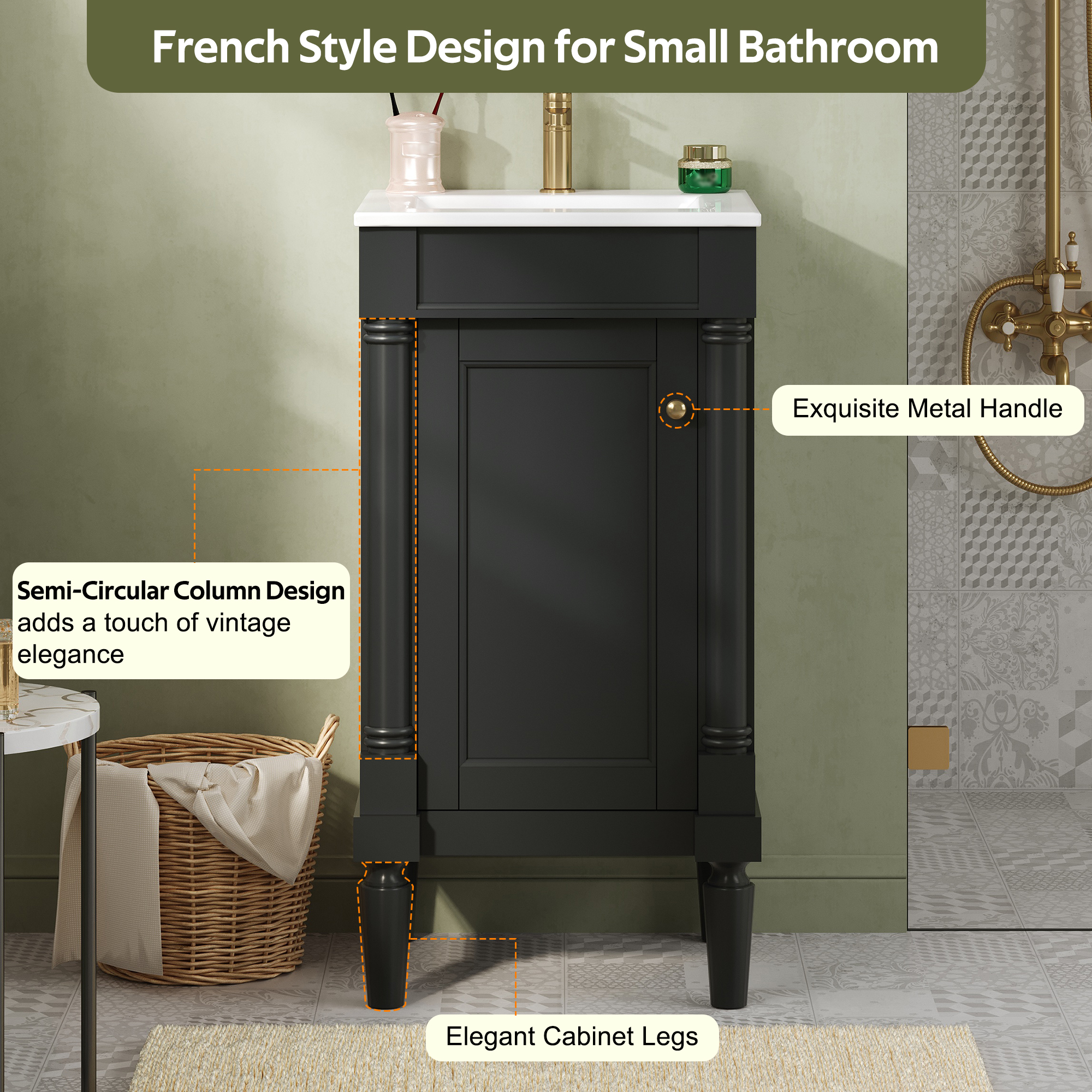 18   French Style Bathroom Cabinet With Storage, Small Space Solution With Ceramic Sink, Adjustable Shelf, Soft-Closing Hinges
