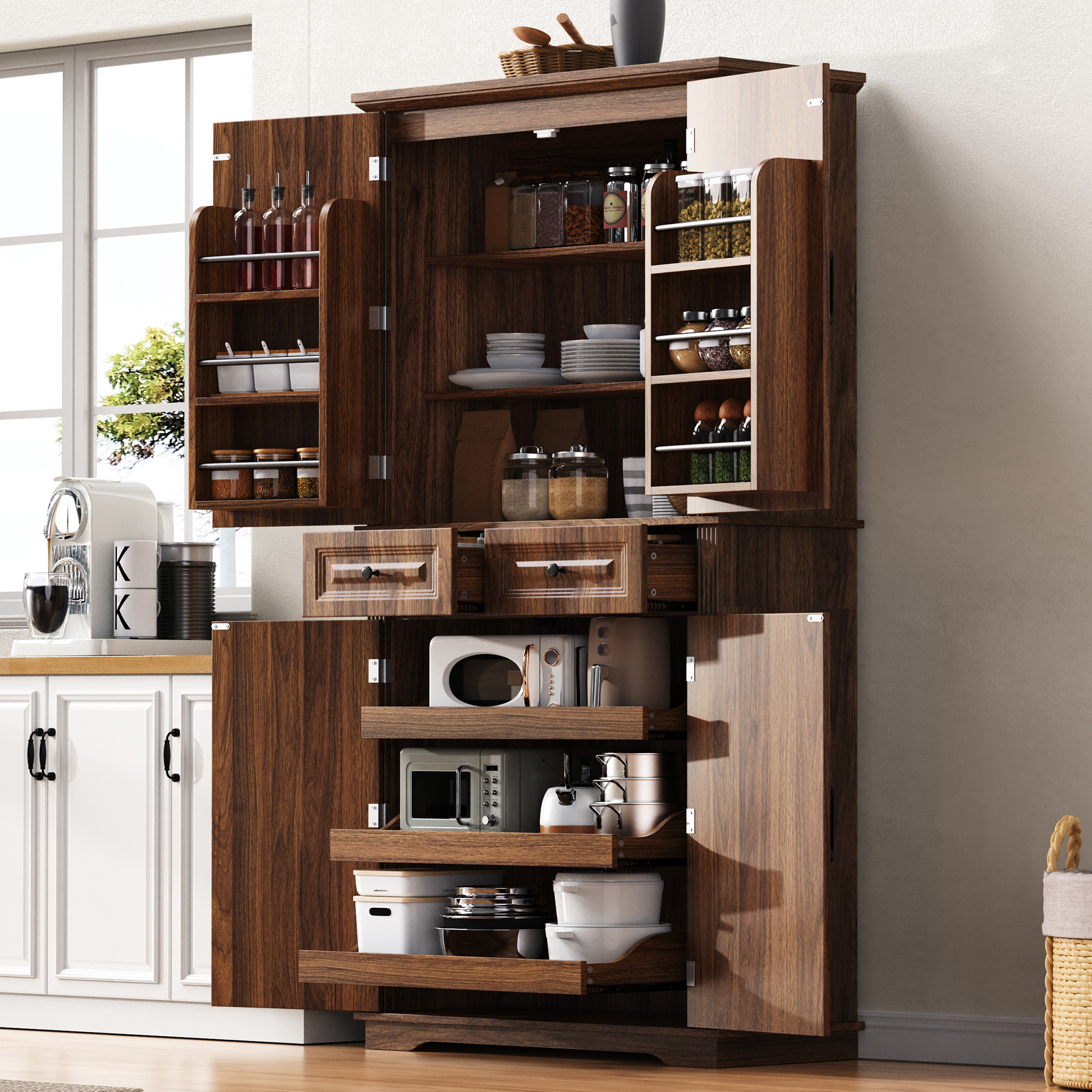 K&K 71 Tall Kitchen Pantry Cabinet With 3 Pull Out Cabinet Organizers, Farmhouse Embossed Texture Storage Cabinet With 6 Door Shelves, 2 Drawers, Freestanding Cupboard For Kitchen, Dining Room Brown