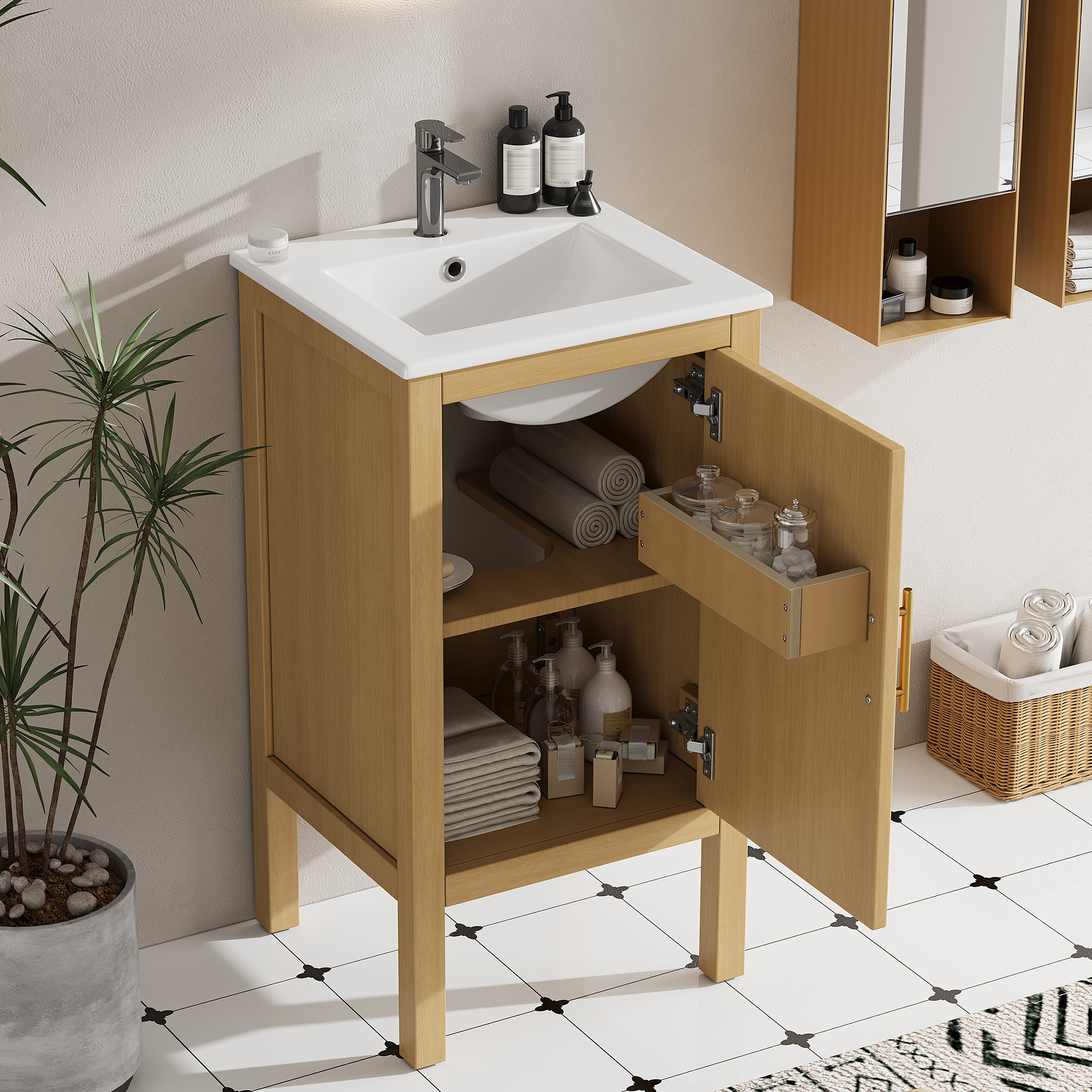 18   Bathroom Cabinet With Storage, Small Space Solution With Ceramic Sink, Adjustable Shelf, Soft-Closing Hinges