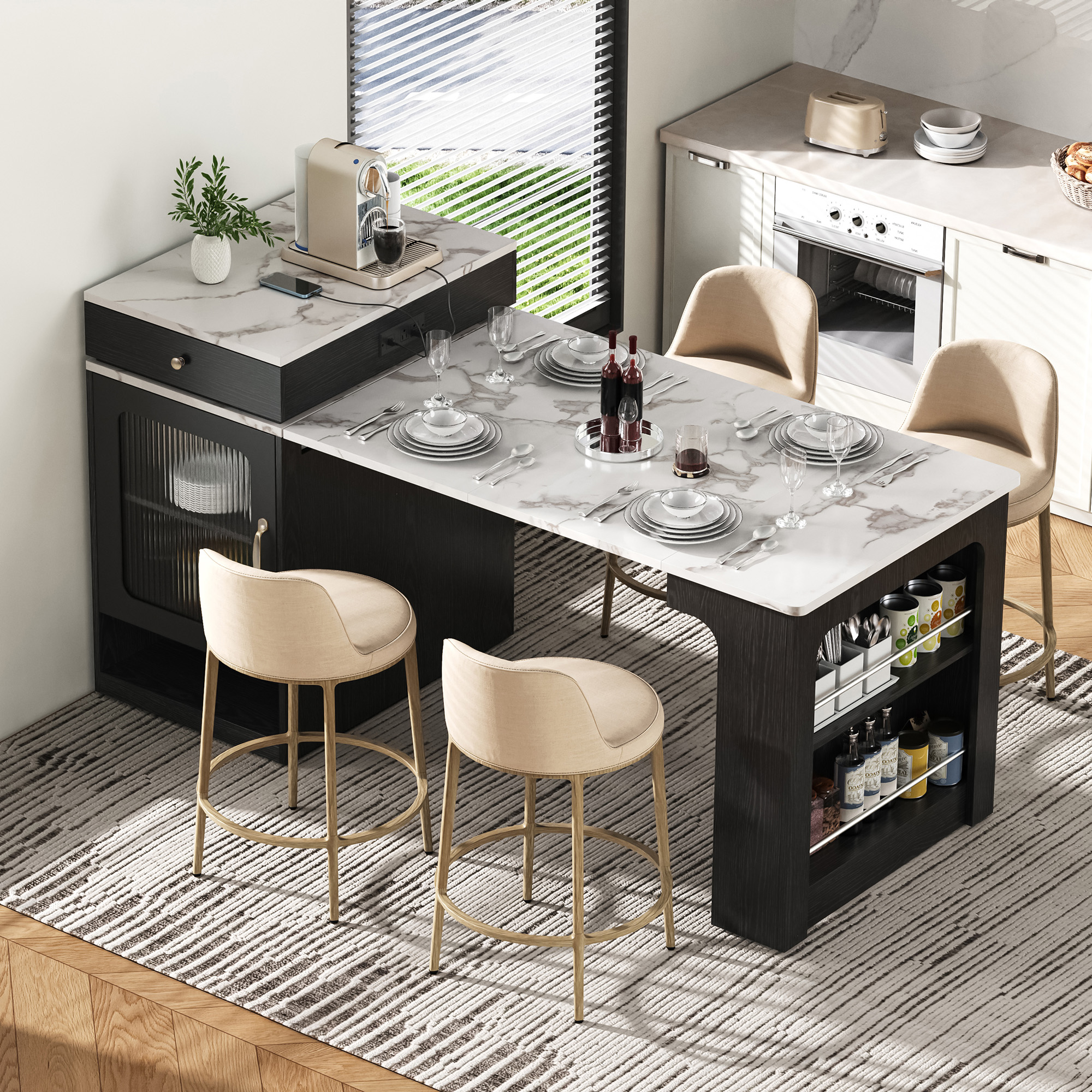 K&K 59.5 Kitchen Island With Extendable Dining Table, Kitchen Storage Table With Double-sided Storage, Kitchen Island With 2 Drawers, Power Outlet, Side Open Shelves, For Kitchen, Dining Room, Black