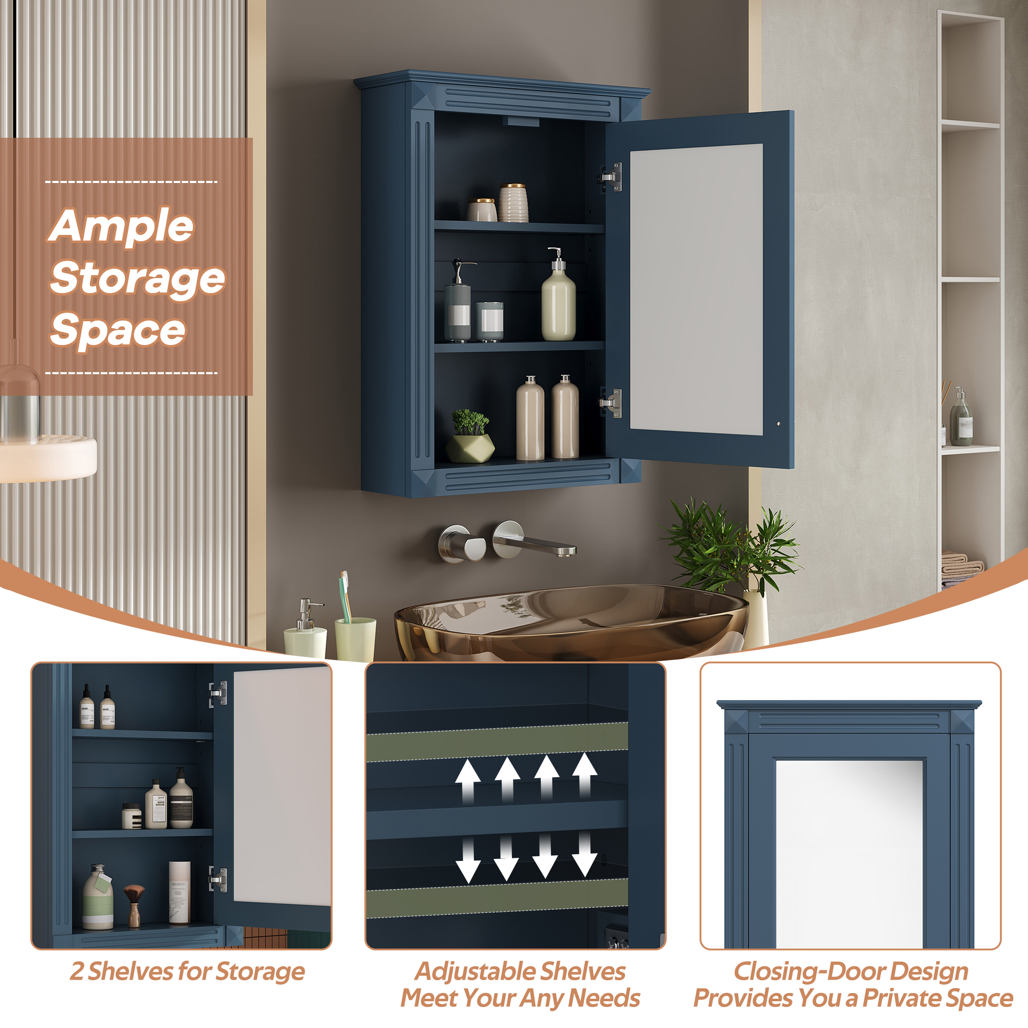 20   Wall Mounted Bathroom Storage Cabinet With Mirror, Medicine Cabinet With Height Adjustable Shelf, Over The Toilet Space Saver Cabinet