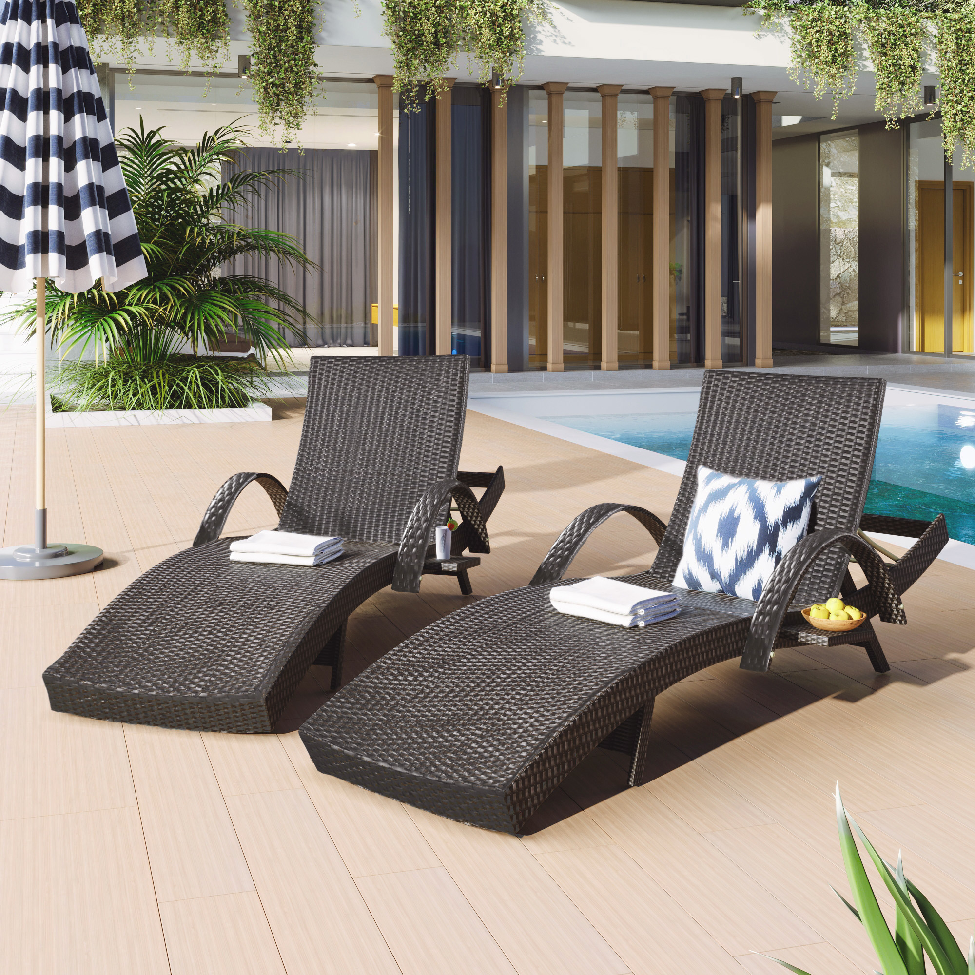 K&K 80   Outdoor Wicker Chaise Lounge Chairs Set Of 2, Patio Rattan Reclining Chair Pull-out Side Table W   5 - Level Adjustable Backrest Ergonomic Wave Design Pool Sunbathing Recliners, Dark Brown