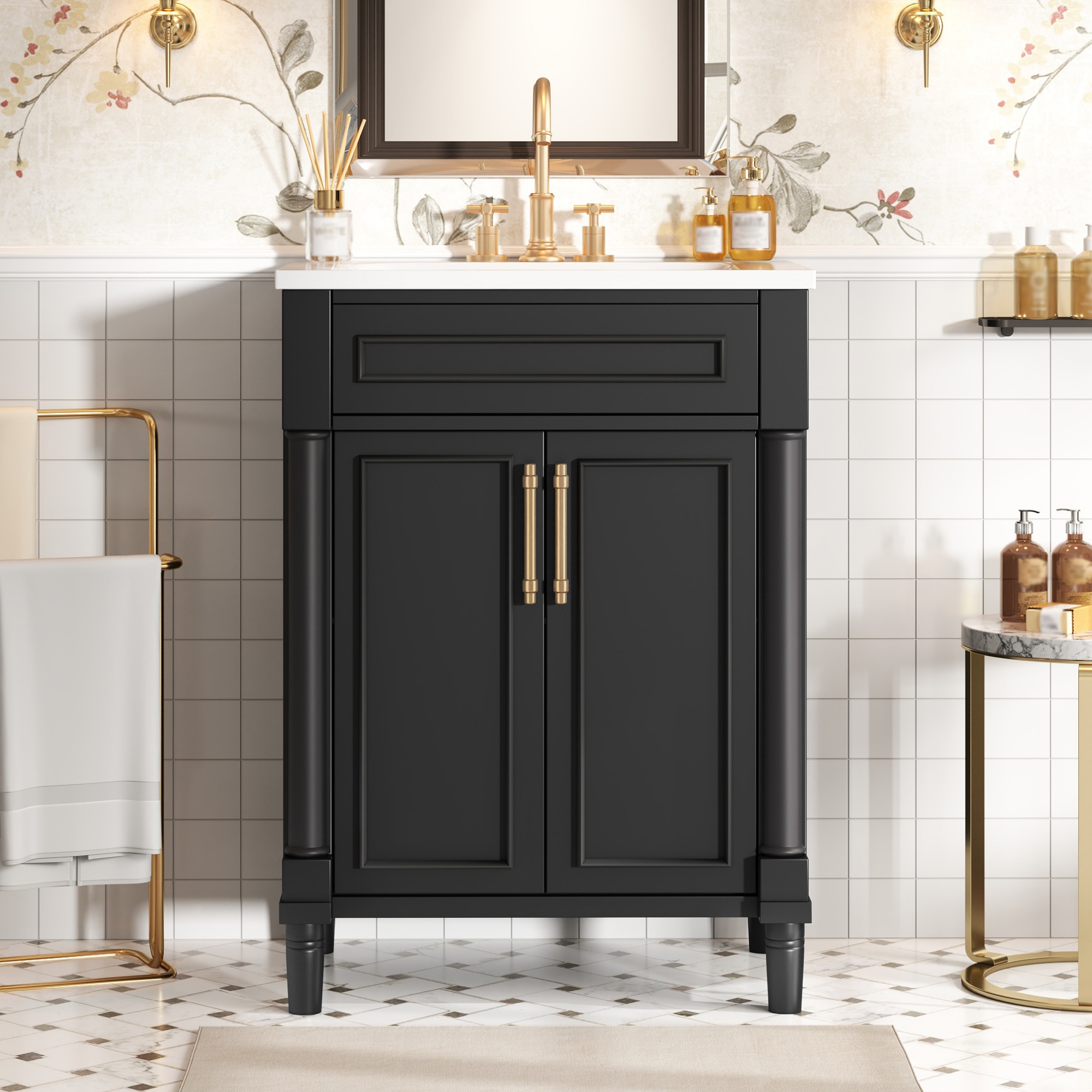 24 Bathroom Vanity With Integrated Ceramic Sink, Bathroom Cabinet With 2 Doors, Single Sink Bathroom Vanity For Small And Medium Restroom