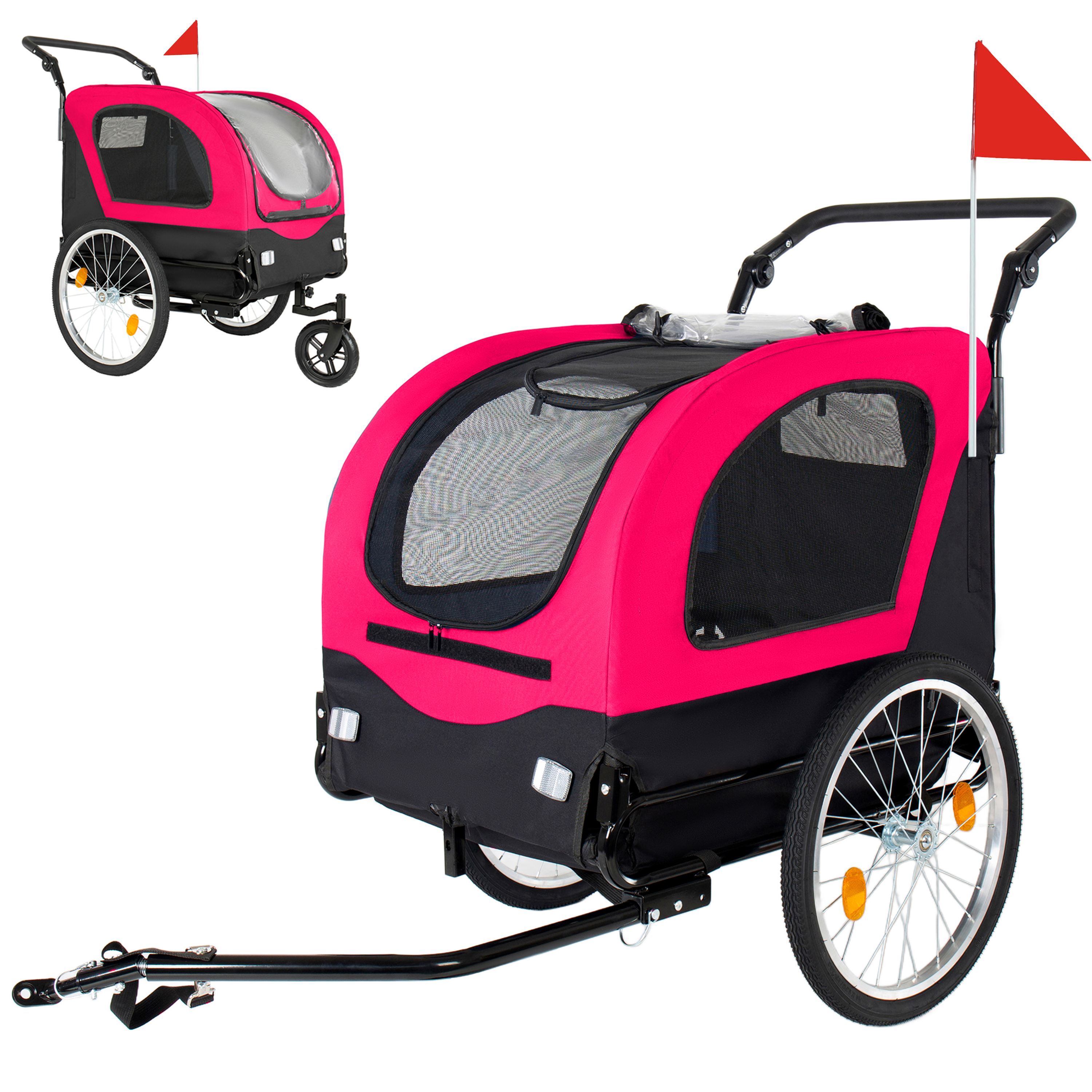2-in-1 Bike Trailer & Pet Stroller For Dogs Up To 110lbs Foldable Pet Carrier Cart With Front Caster & 20 Quick Release Air-Filled Wheels, Breathable Mesh And PVC Rain Cover, Red