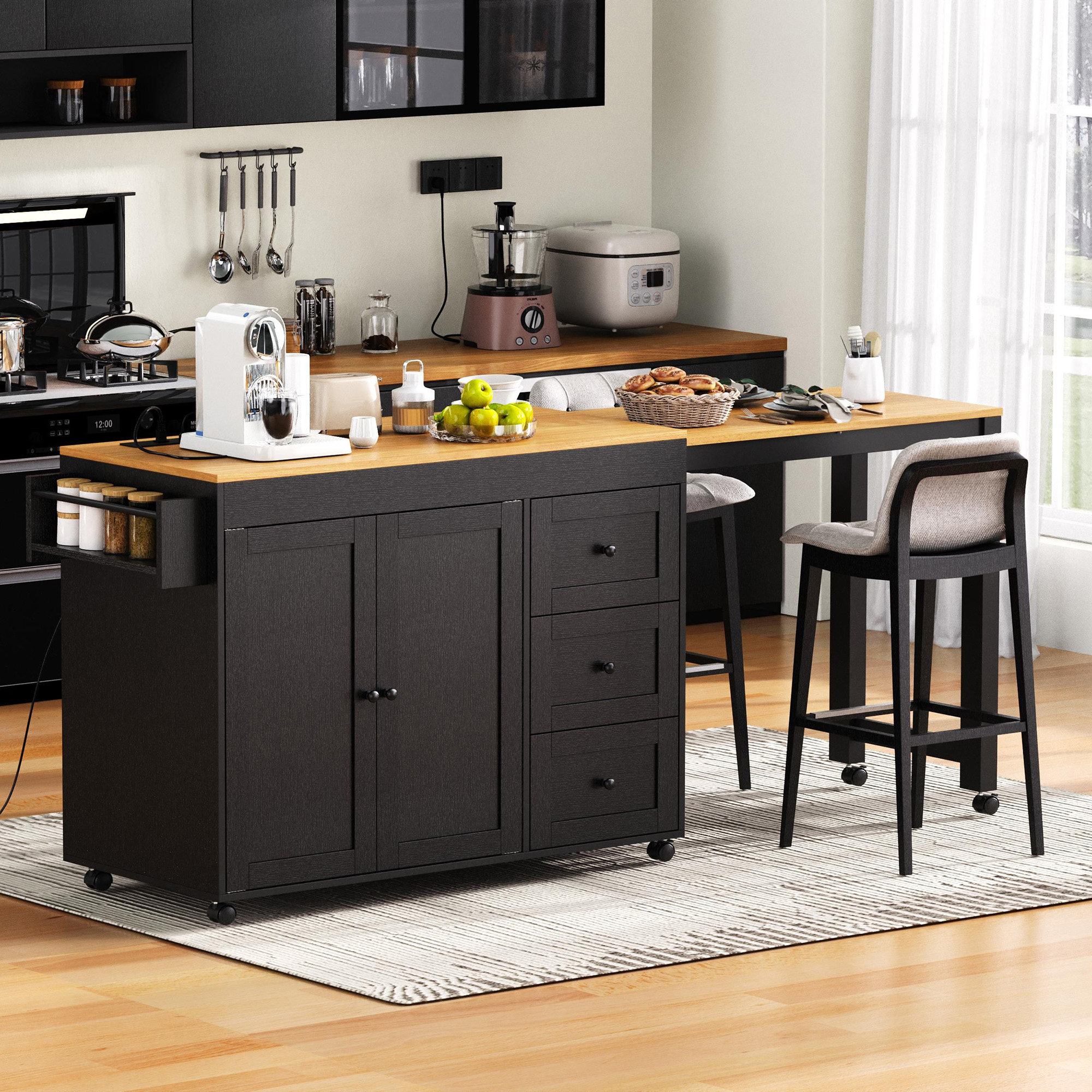 K&K 74.8 Kitchen Island With Extendable Dining Table, Kitchen Storage Cart With 3 Drawers, Power Outlet, Rolling Kitchen Island On Wheels With Spice Rack And 2 Door Cabinet, For Kitchen, Black