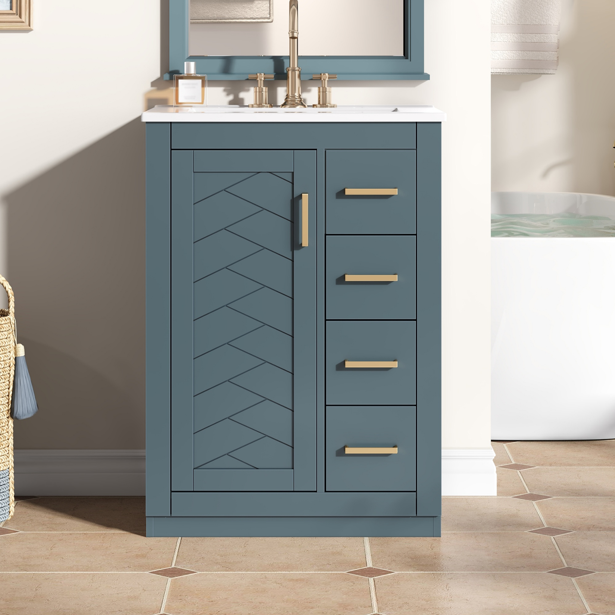 24 Bathroom Vanity With Integrated Ceramic Sink, Bathroom Cabinet With 1 Door, 3 Drawers, Single Sink Bathroom Vanity For Small And Medium Restroom, Blue