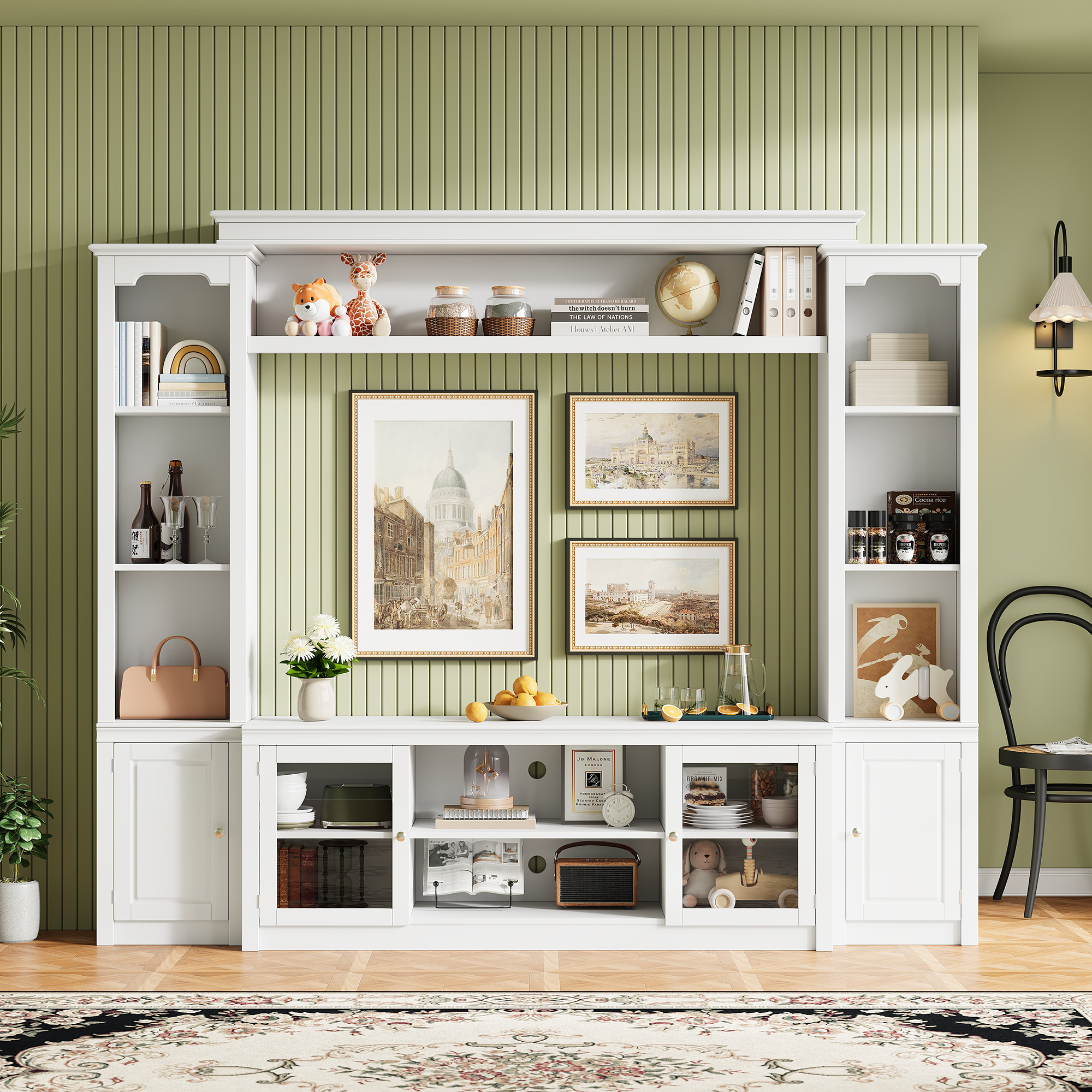 All-in-One Modern TV Stand With Bookcase For TVs Up To 65-inch, Entertainment Center With 4 Adjustable Shelves,Tempered Glass Doors, Display Storage Cabinet, Ample Storage Space TV Stand