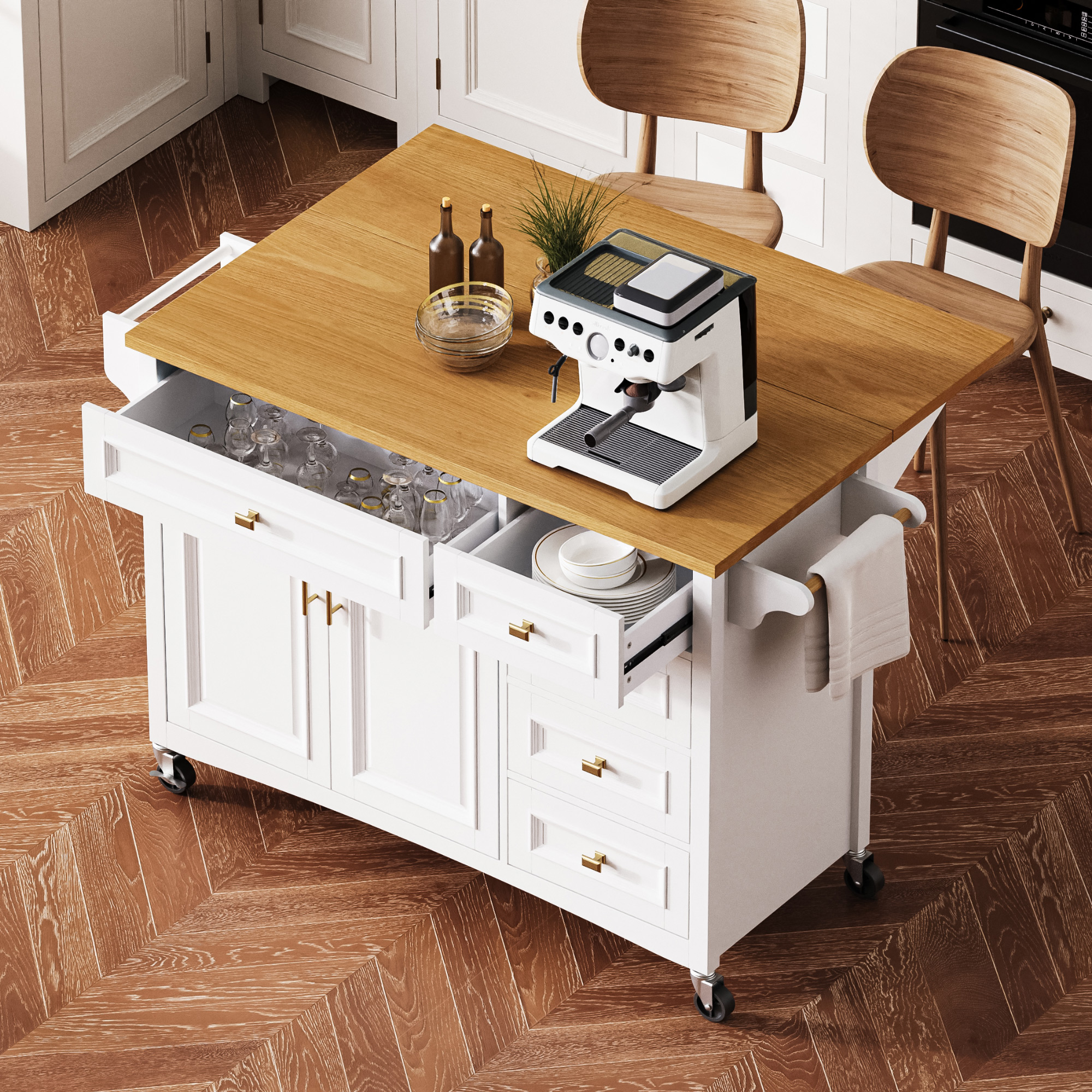 K&K 52 Kitchen Island With Drop Leaf, Embossed Texture Kitchen Island On Wheels With Spice Rack, Towel Rack, 2 Doors And 5 Drawers, Kitchen Storage Cart With Adjustable Shelf For Kitchen, White