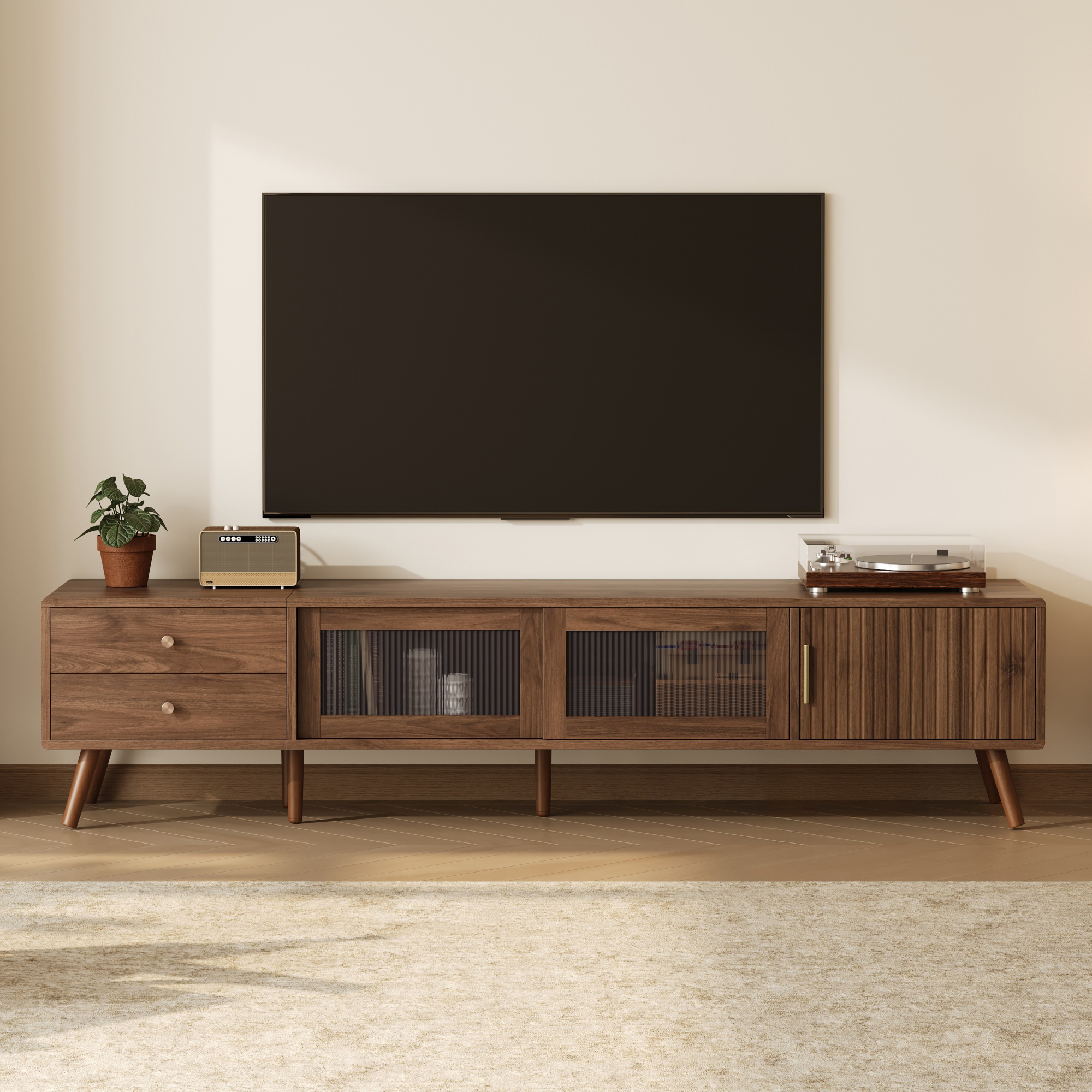 76 Modern Minimal Glass-Doors TV Stand For TVs Up To 85 Inches, Wood-Grain Entertainment Center With Storage Cabinets, TV Media Console Table For Living Room, Bedroom